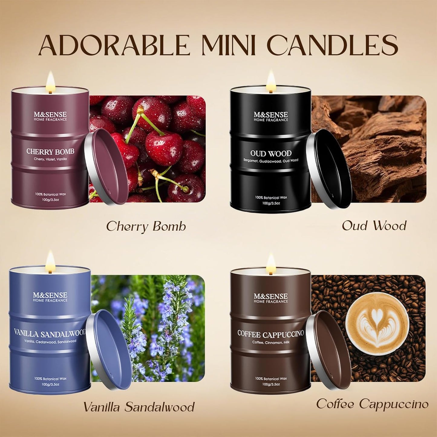 Fall Candles Set | Mini Scented Candles Gift Set | 4 Pack Candles for Home Scented Candle,Cherry Vanilla Oud Sandalwood Coffee Candle,Gift Set for Women and Men,Soy Wax 14 oz 86 Hour