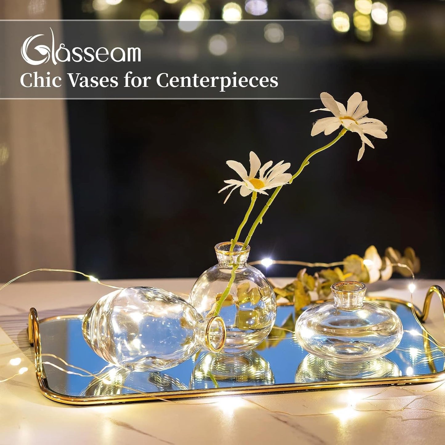 Glass Bud Vase for Centerpieces, 6Pcs/2Sets Glasseam Modern Gold Rim Mini Small Vases for Flowers Bulk Flower Vase Set Aesthetic Cute Handmade Tiny Short Wedding Table Centerpiece Decor