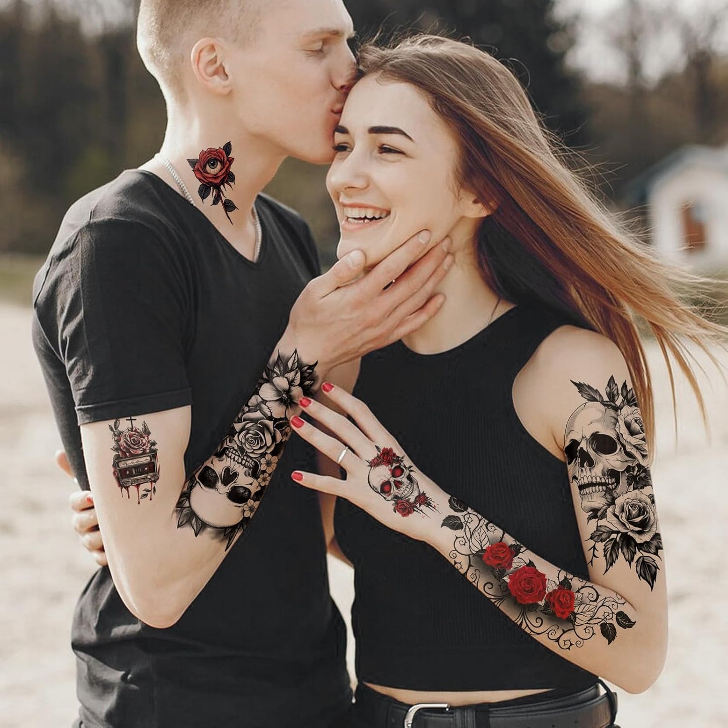 77 Sheets Skull Flower Realistic Temporary Tattoos For Women Men Adult, Large Rose Bones & Flowers Floral Fake Tattoos Girl, Skeleton and Spooky Halloween Temp Tatoo Sticker Thigh Back Leg Body Art