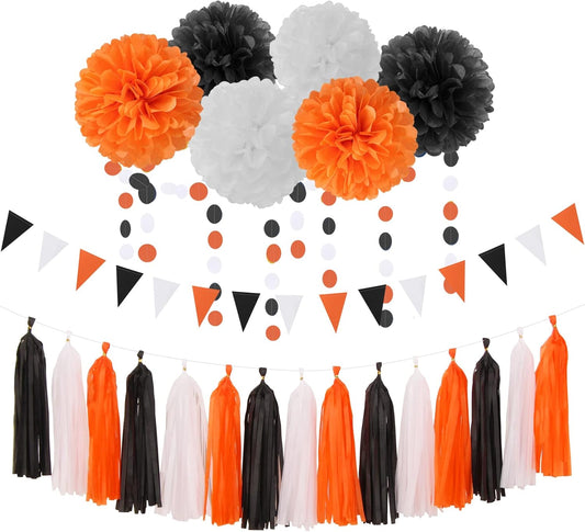 Black White Orange Halloween Party-Decorations - 23pcs Tissue Pom Poms Streamers,Tassel Garland Banner,Graduation 2025 Birthday Wedding Baby Bridal Shower Decor Bunting Lasting Surprise