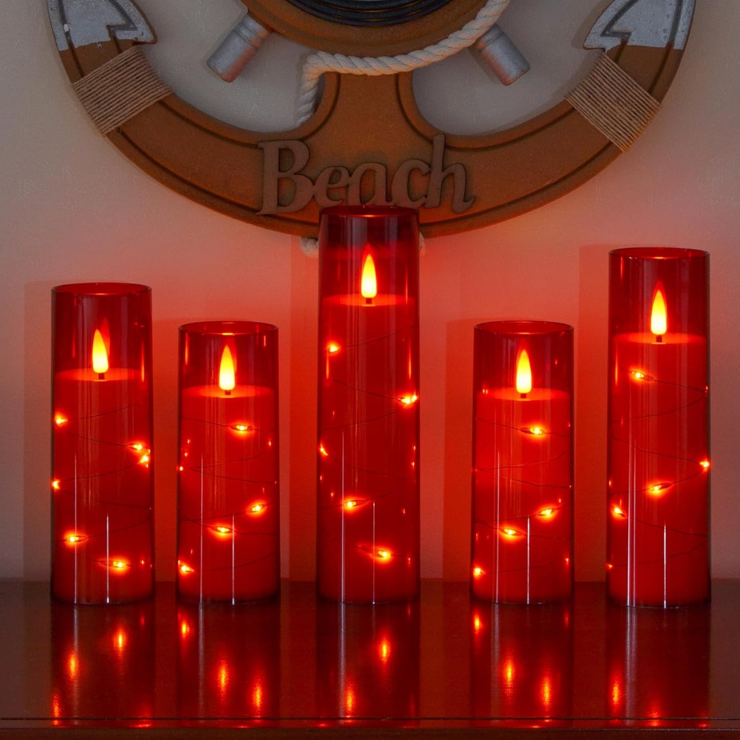 Red Flameless Candles with Remote and String Light, 2.2"x 5",5",6",7",7",8" LED Battery Operated Plastic Flickering Timer Pillar Candles(Pack of 6,Turn On/Off String Light Mode)