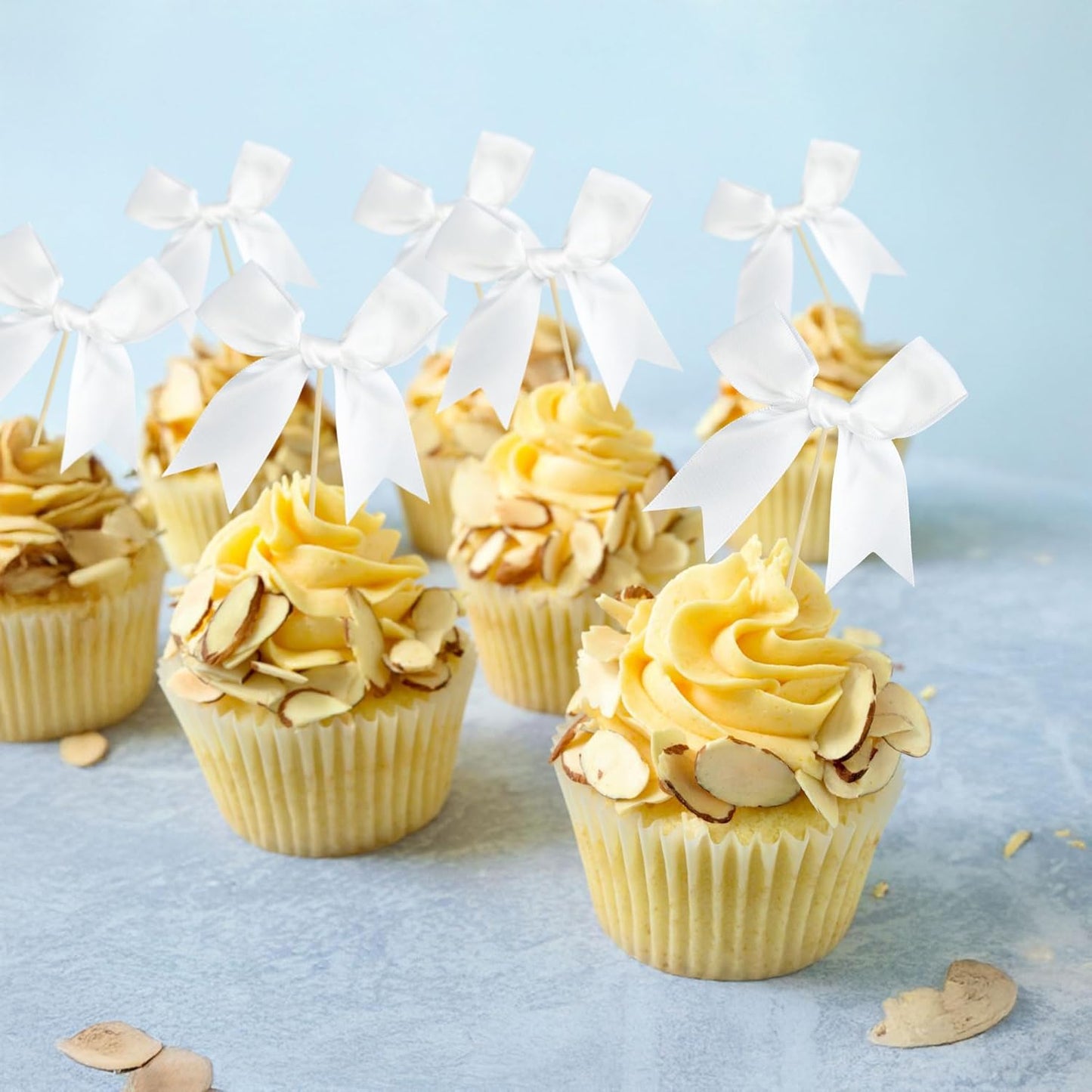 Ephlyn 24Pcs White Bow Cupcake Toppers Bow Cake Topper Birthday Decorations Mini Bowknot Cupcake Picks for Coquette Theme Party Decoration Bachelorette Bridal Engagement Wedding Party White