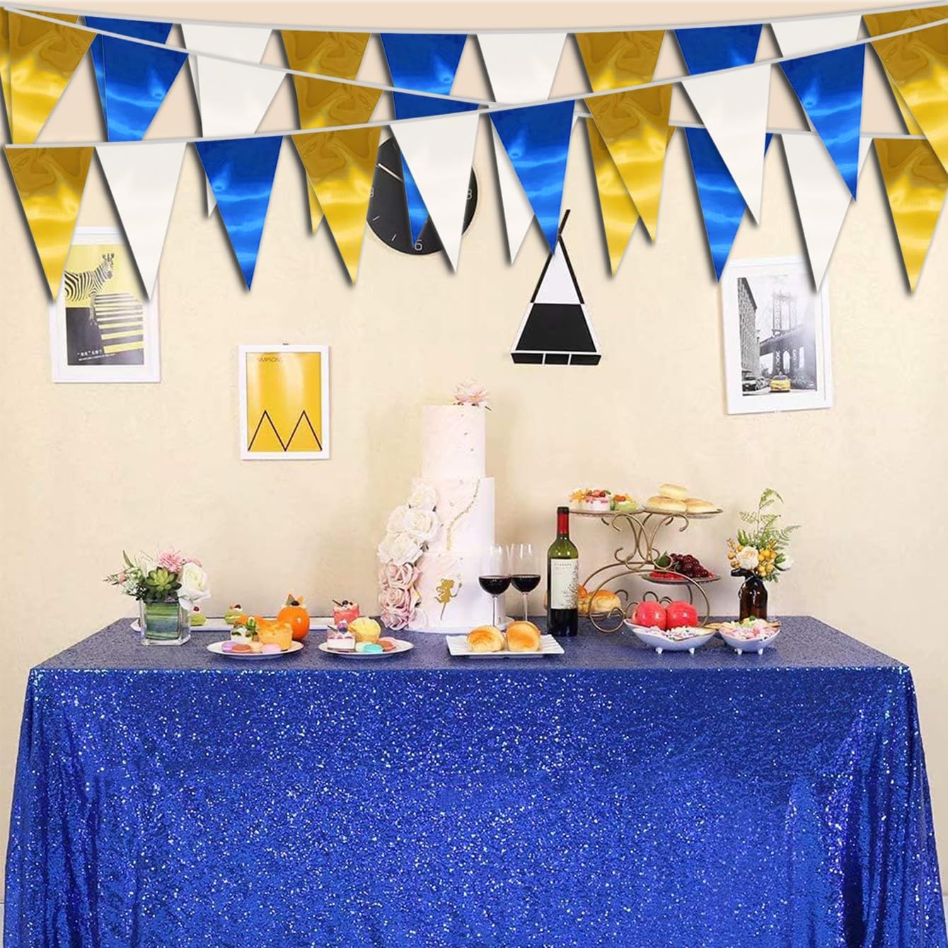 130FT Navy-Blue White Gold Triangle Pennant Banner Flag Metallic Fabric Bunting Garland for Christmas Graduation Retirement Birthday Wedding Bridal Shower Nautical Ahoy Achor Party Decorations Supply