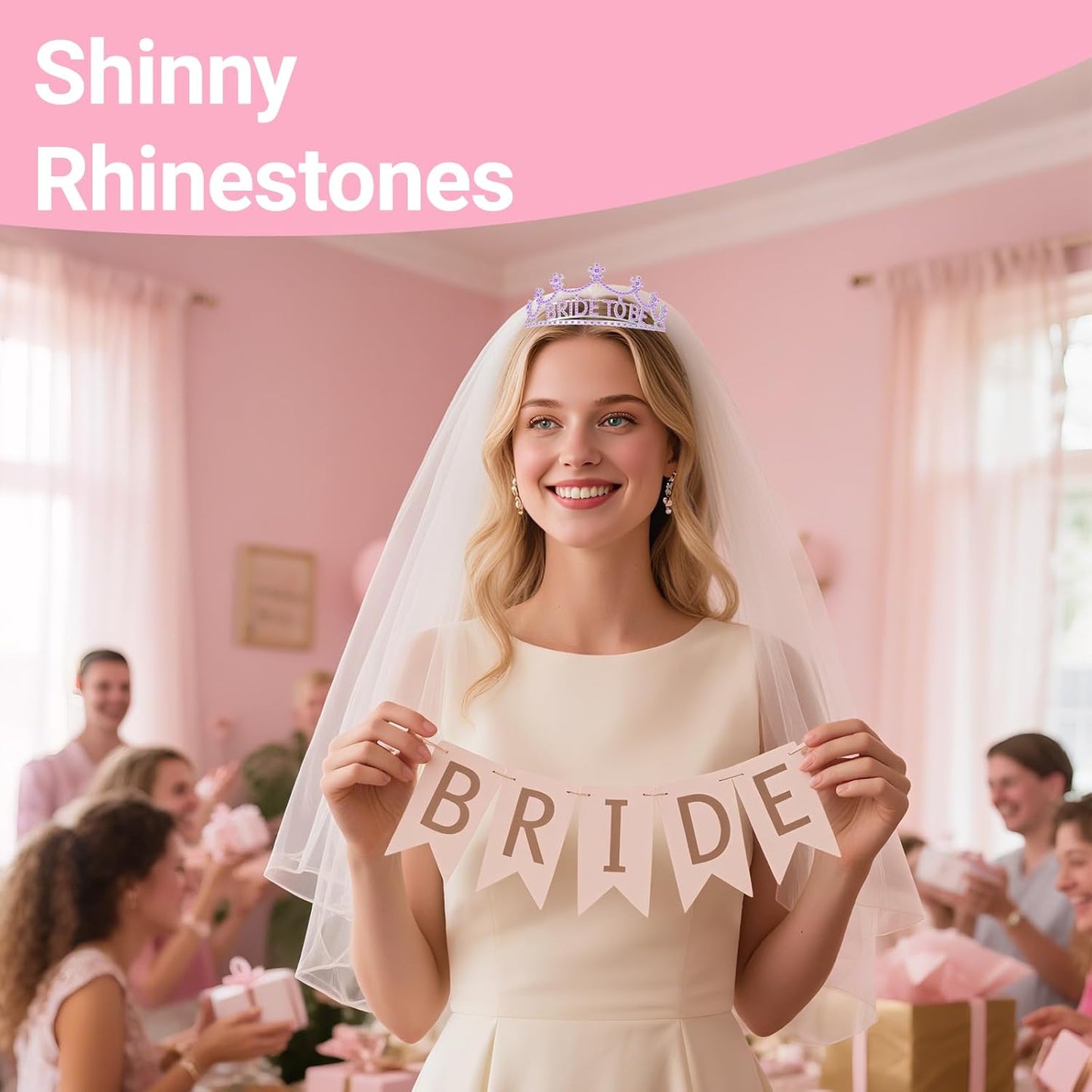 3Pcs Bride to Be Crown with Sash and Veil for Bachelorette Party Decorations，Bridal Shower Accessories for Gift, Favors