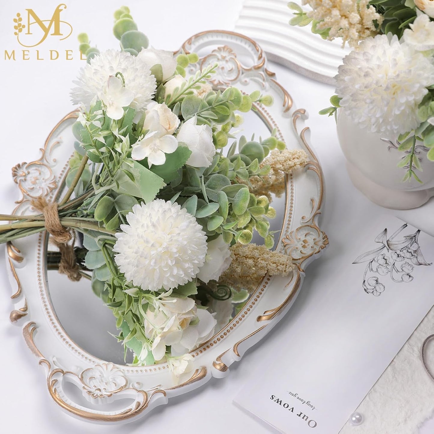 Meldel 3Pcs Rose Bouquet White&Champagne Artificial Flowers Eucalyptus Plants Silk Flower Arrangements Wedding Bouquets Decorations Plastic Floral Centerpieces for Home Kitchen Garden Party Decor