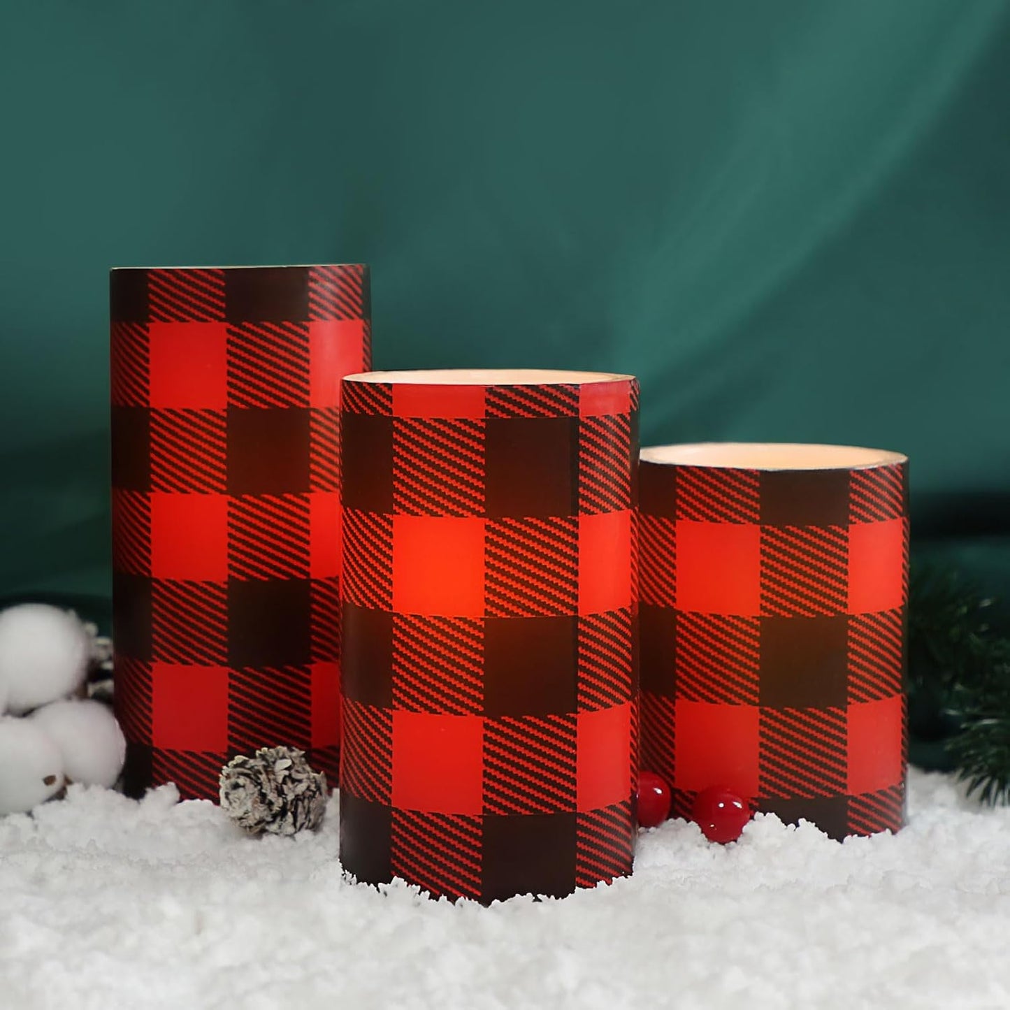 Silverstro Christmas Red Flameless Candles: Farmhouse Theme Flickering Real Wax Buffalo Check Decorative Candles with Remote - Home Party Bathroom Room Christmas Decorations - Set of 3
