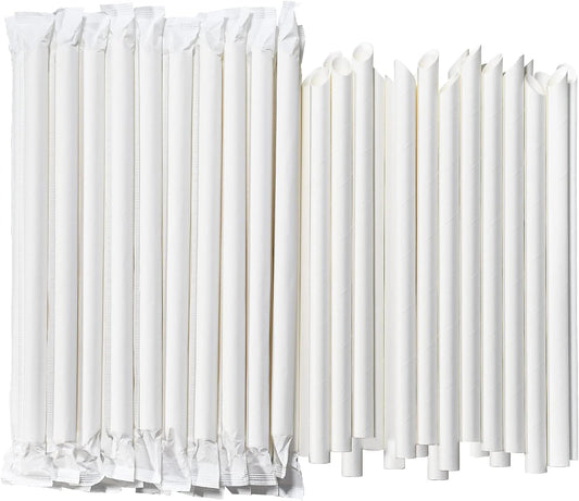 9 Inch Individually Wrapped Disposable White Paper Boba Straws, Bubble Tea Straws 100 Counts, 0.5"/12mm Wide - Pointed End, Extra Thick, Fat - Eco-friendly Biodegradable