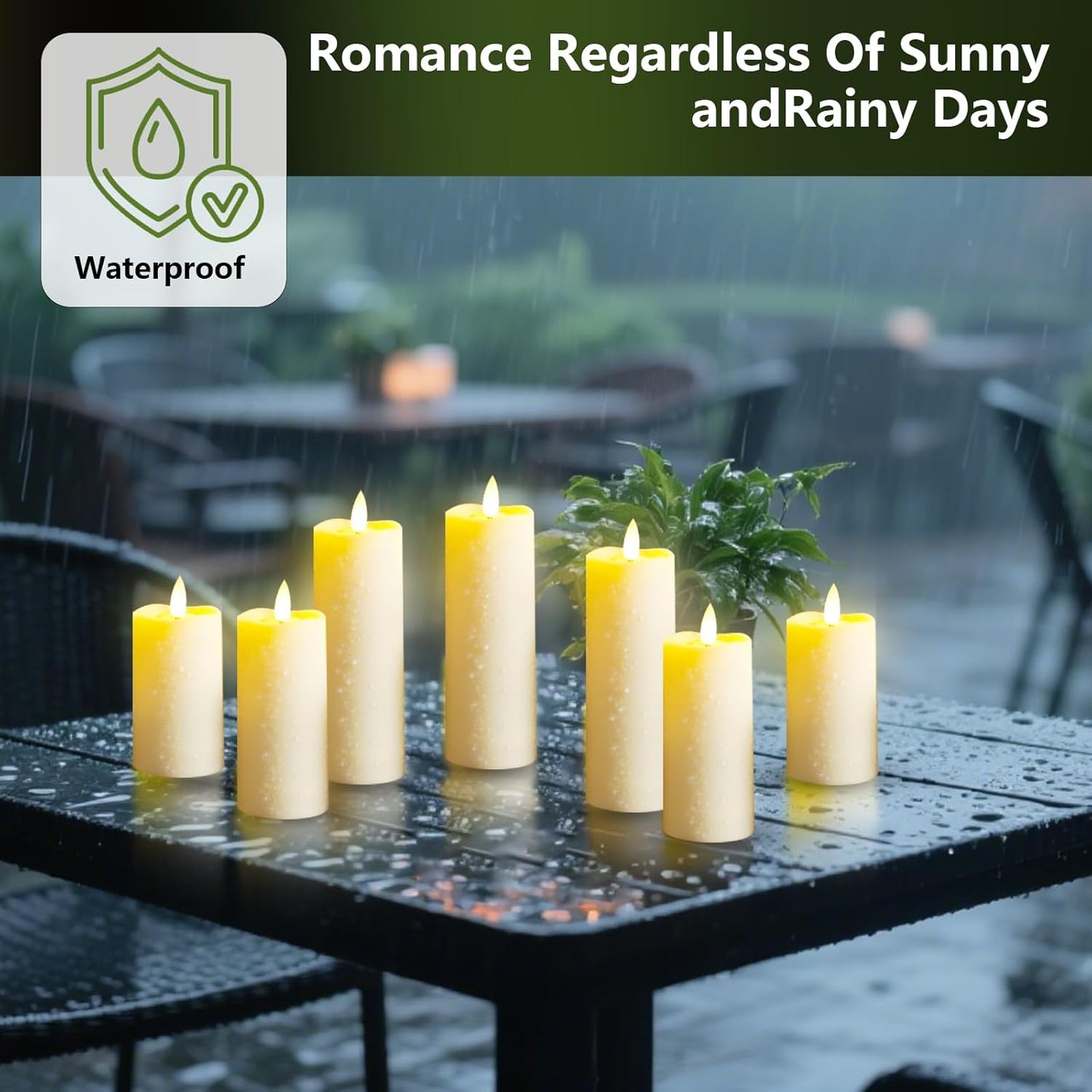 Plastic Waterproof Outdoor flameless Candles, LED Candles, with Remote Control and Timer, Battery-Powered Candles, Suitable for Camping, courtyards and Home Decoration,Set of 2（Ivory）
