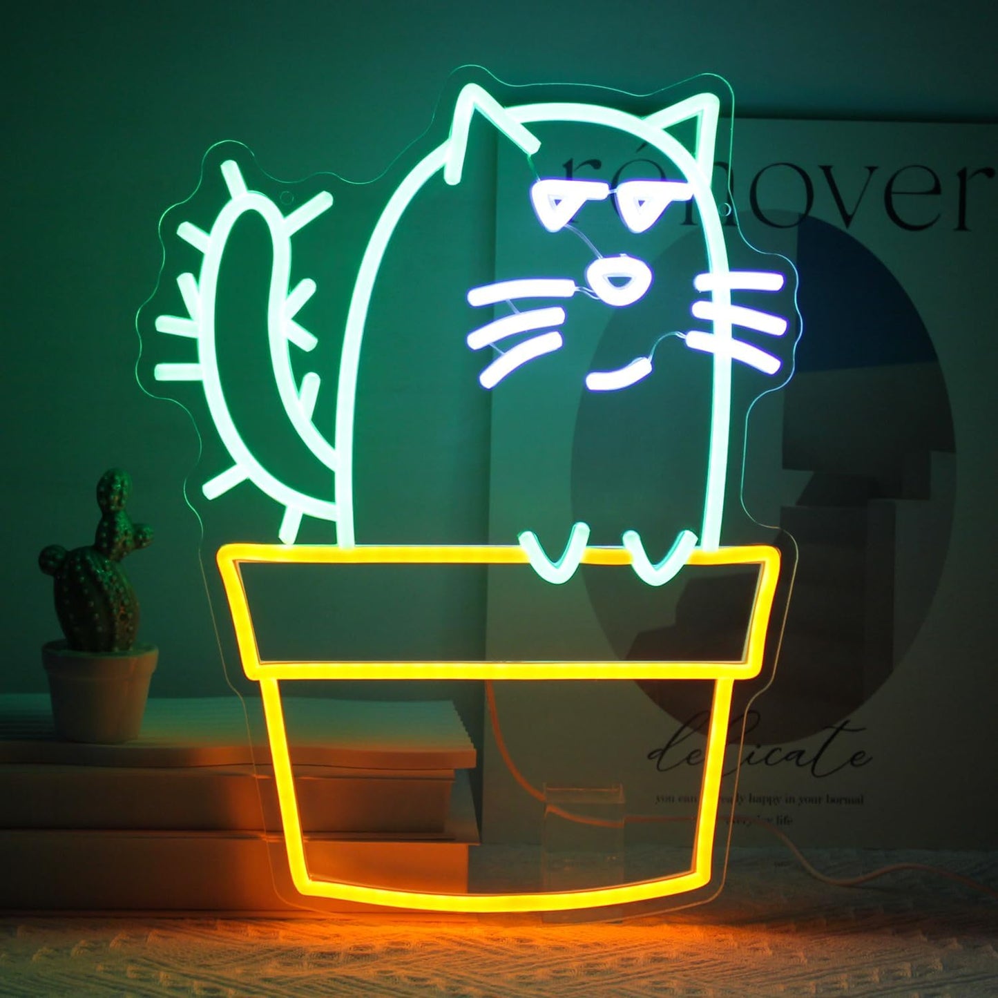 Cactus Cat Neon Sign Funny Animal LED Signs for Wall Novel Potted Plant Neon Light Dimmable Cartoon Neon Lights Signs for Bedroom Man Cave Porch Party Decor USB Powered