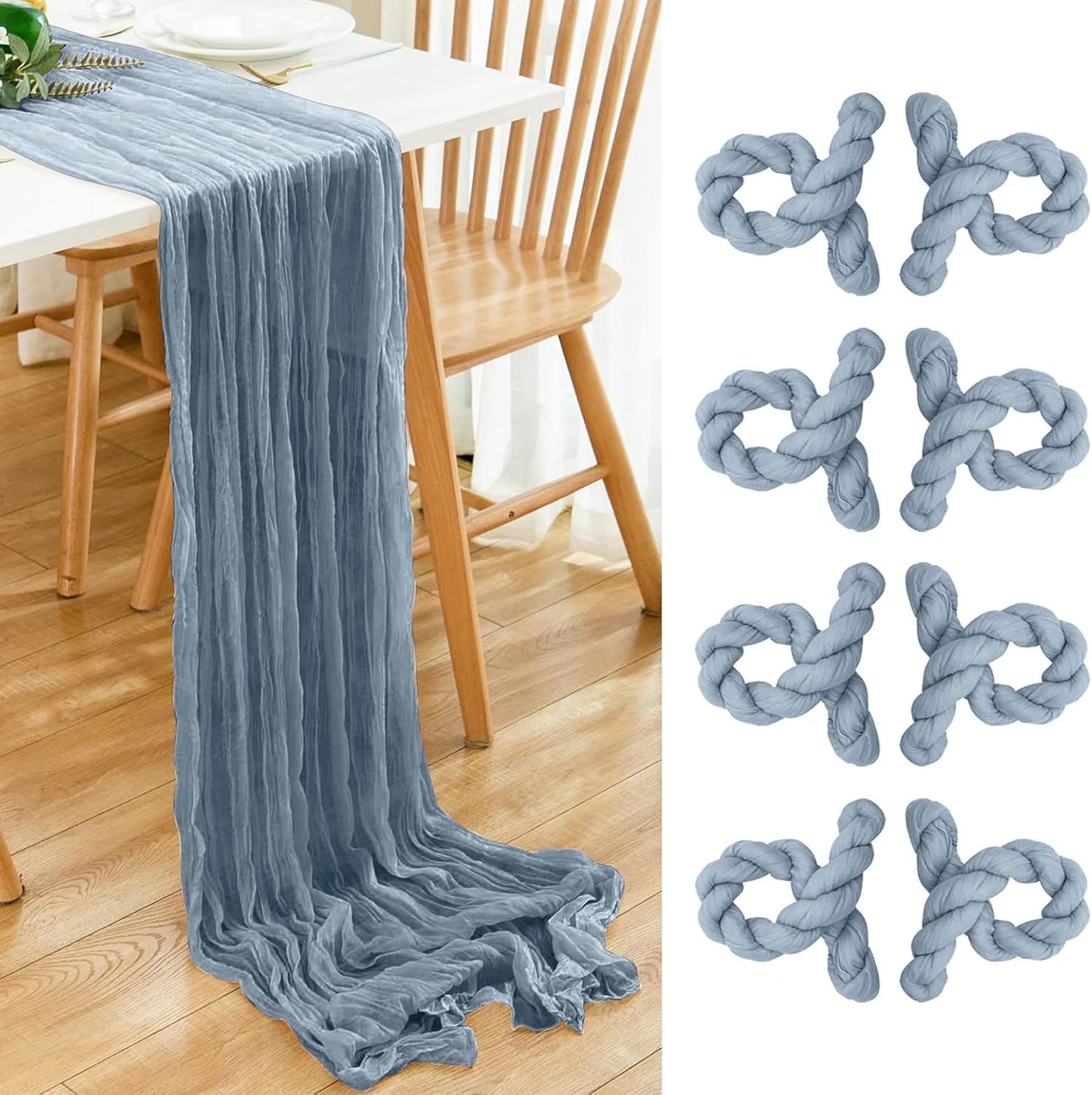 8 Pack 10Ft Dusty Blue Cheesecloth Table Runner 35x120 inch Boho Gauze Cheese Cloths Table Runners Long Wrinkled Sheer Romantic Table Runner for Wedding Bridal Shower Birthday Party Table Decor