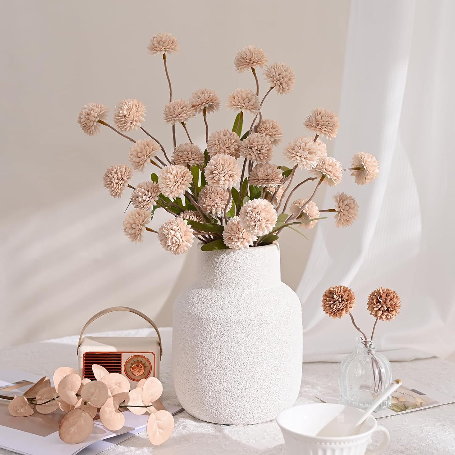 Waipfaru 10pcs Fake Silk Pompon Mum Artificial Flowers, Bulk Faux Mini Chrysanthemums with 2pcs Eucalyptus Stems, for Centerpieces Wedding Fillers Champagne Arrangements Boho Decor, No vase, Beige