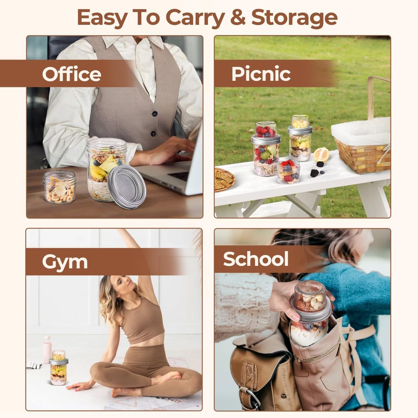 ComSaf 2-Pack 20 oz Overnight Oats Containers with Lids On-The-Go Dual-Laryer Yogurt Parfait Cups with Dry and Wet Separation Mason Jars for Chia Pudding Cereal Nut Fruit Meal Prep Salad