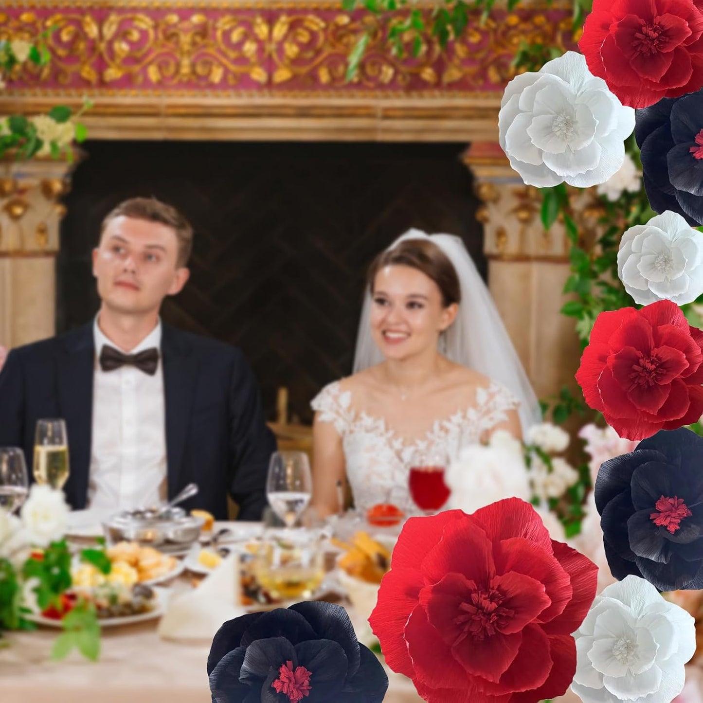 BRT Bearingshui Crepe Paper Flowers Decoration for Wall Total 9 Pcs, Artificial Flowers for Wedding Flower Backdrop Decor, Baby Bridal Shower Birthday Party, Red Black White 3D Wall Flowers Decor