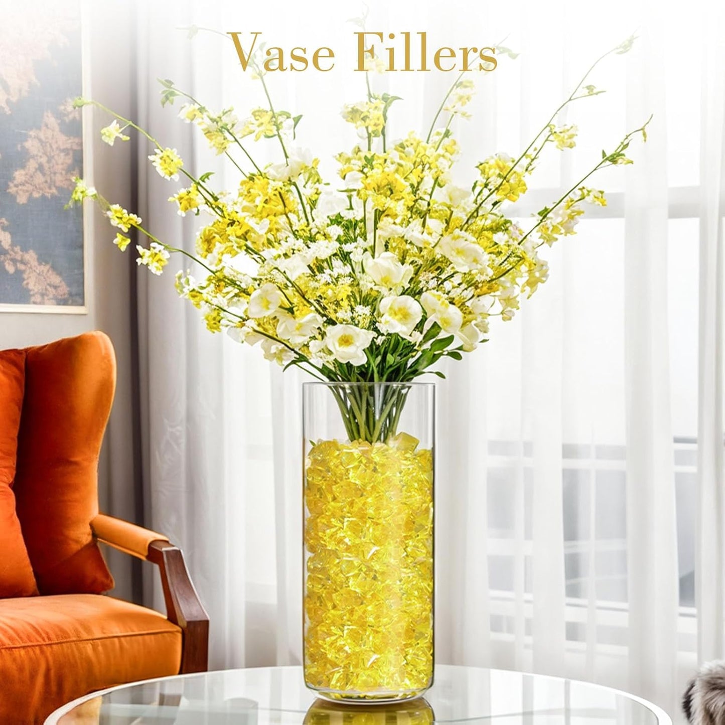 DomeStar Yellow Fake Ice Rocks, 150PCS Acrylic Gems Crystals Plastic Diamonds Fake Ice Cubes for Vase Fillers DIY Craft Wedding Photography Prop Display Table Scatter Home Amalfi Coast Decorations