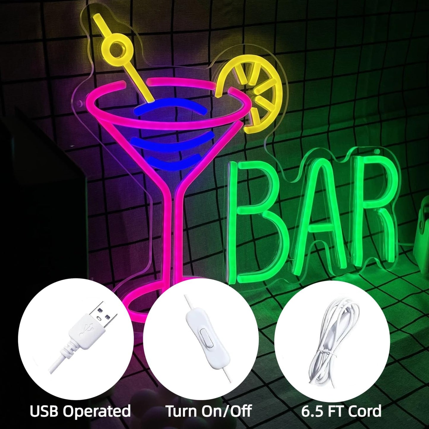 Neon Bar Sign USB-Powered Pink Bar Wall Decor for Home Bar, Man Cave Multi-Scene LED Lighting Neon Light