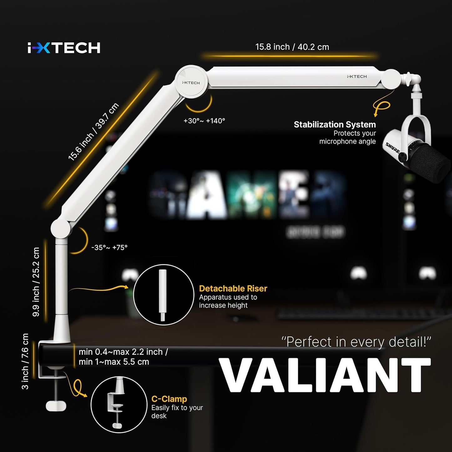 IXTECH Mic Arm White Premium Boom Arm 360° Rotatable Microphone Arm Stand with Desk Mount Fully Adjustable Sturdy and Universal VALIANT WHITE Model