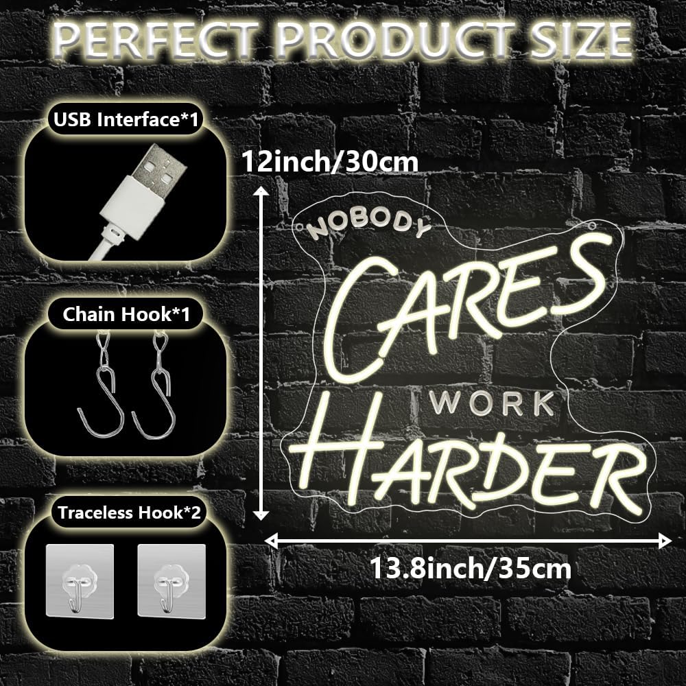Nobody Cares Work Harder Neon Sign,Motivational Dimmable LED Light Signs for Wall Art Decor,Backdrop for Office Study Room Gym Bedroom Man Cave,Gift for Teen USB Powered（13.8"*11.9"）
