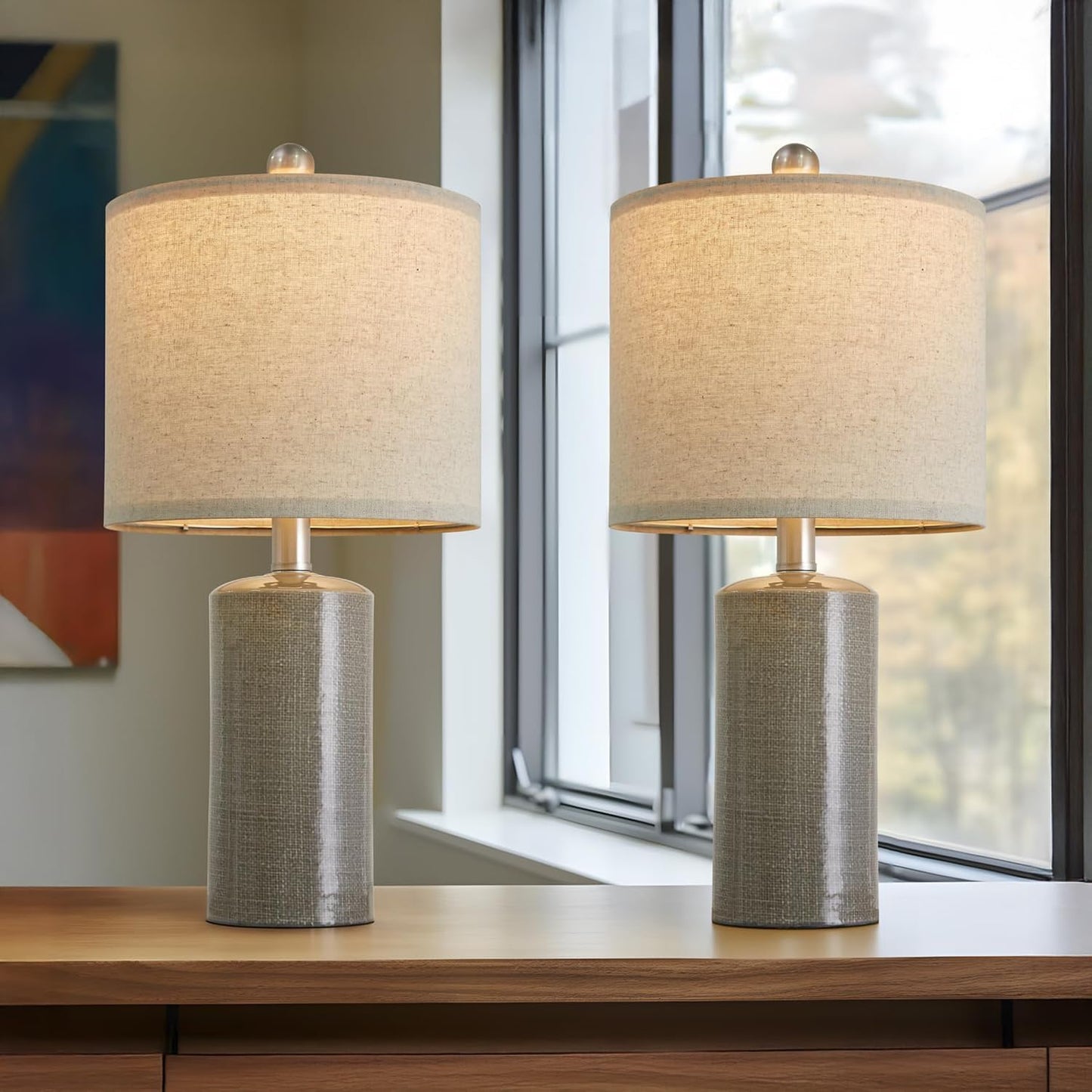 20.25/inch Modern Ceramic Table lamp Set of 2 Small Farmhouse Bedside lamp Dark Grey Nightstand Lamp End Table Lamps for Living Room Bedroom Study Office AMZ-T1109DG0