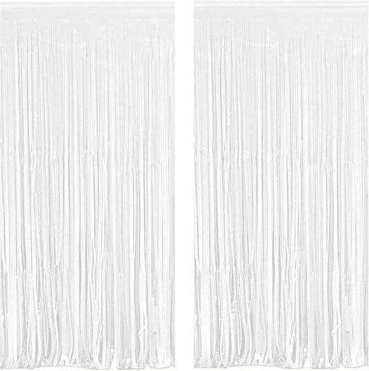 White Foil Fringe Curtain 3.3×8.3FT 2 Packs, Metallic Tinsel Curtains Party Streamers for Birthday Graduation Baby Shower Decoration (2pcs,3.3FT×8.3FT, White)