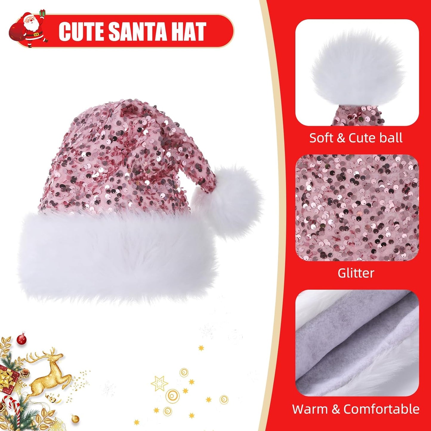 Personalized Sequin Santa Hat for Adults, Red Glitter Christmas Party Hat, Xmas Halloween New Year Holiday Headwear