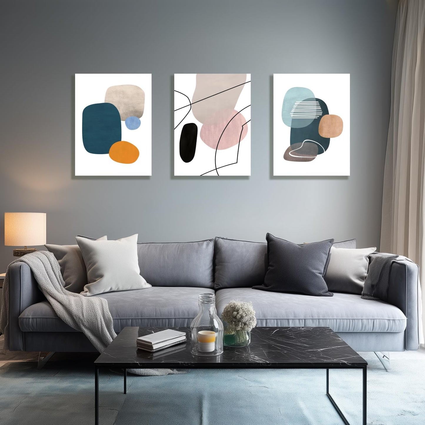 IAFWZX Framed Abstract Geometric Wall Art, Orange Blue Beige Color Block Wall Decor, Modern Minimalist Canvas Painting, Neutral Boho Colorful Geometric Aesthetic Picture for Living Room 12"x16"x3