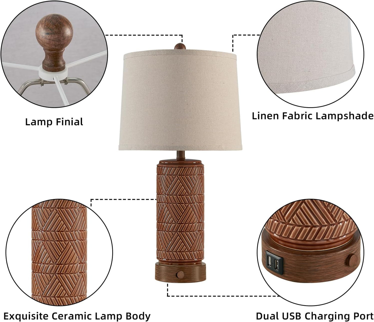 RORIA Set of 2 Vintage Touch Table Lamps for Living Room, 3 Way Dimmable Nightstand Lamp with 2 USB Port, Farmhouse Rustic Boho Ceramic Desk Lamps for Bedroom End Table, Bulbs Included