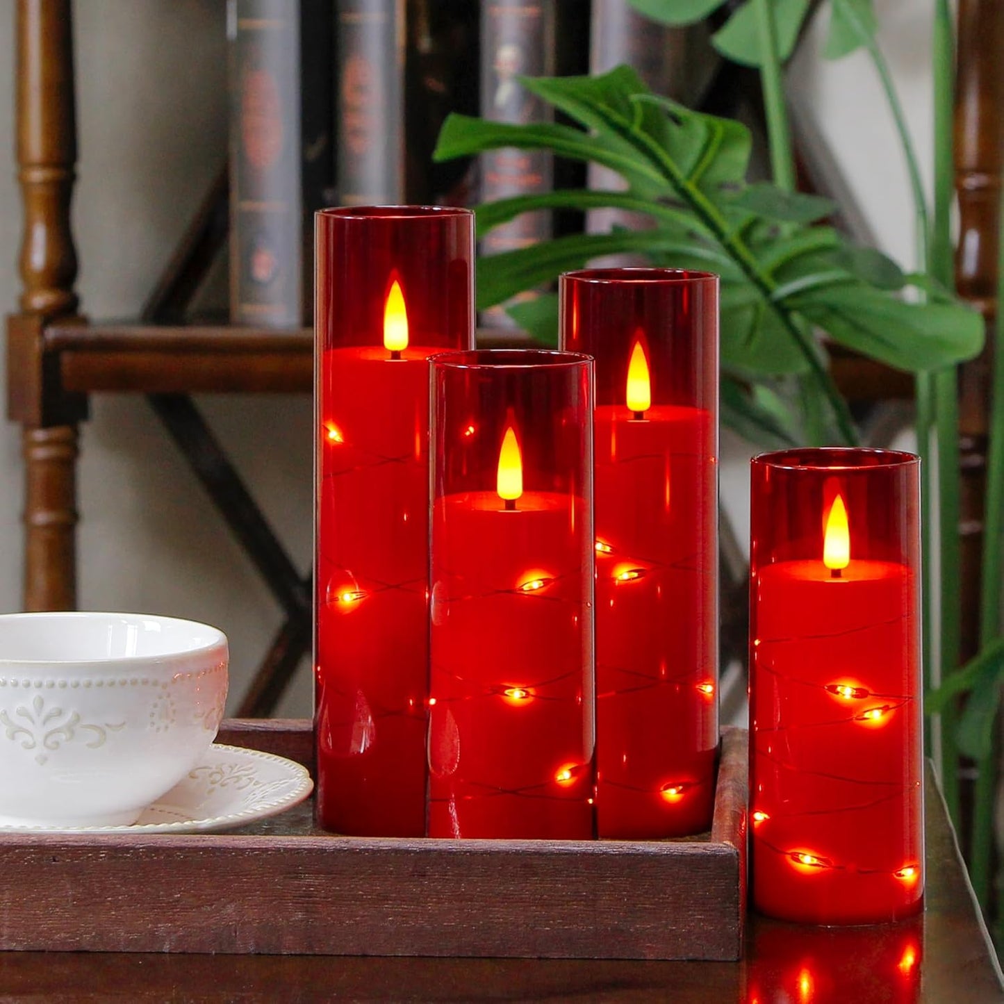 Red Flameless Candles with Remote and String Light, 2.2"x 5",5",6",7",7",8" LED Battery Operated Plastic Flickering Timer Pillar Candles(Pack of 6,Turn On/Off String Light Mode)