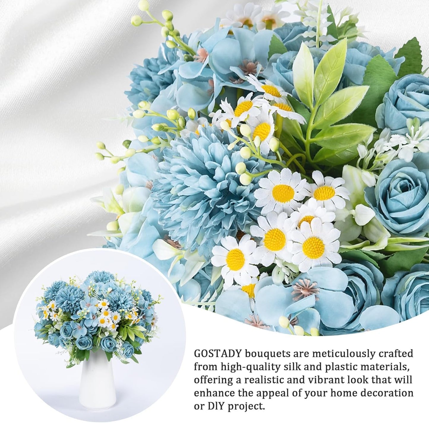 12 Bundles Artificial Flowers Blue Fake Rose Flower Mixed Chrysanthemum Hydrangea Flower Arrangements for DIY Wedding Table Centerpieces Party Baby Shower Home Decorations