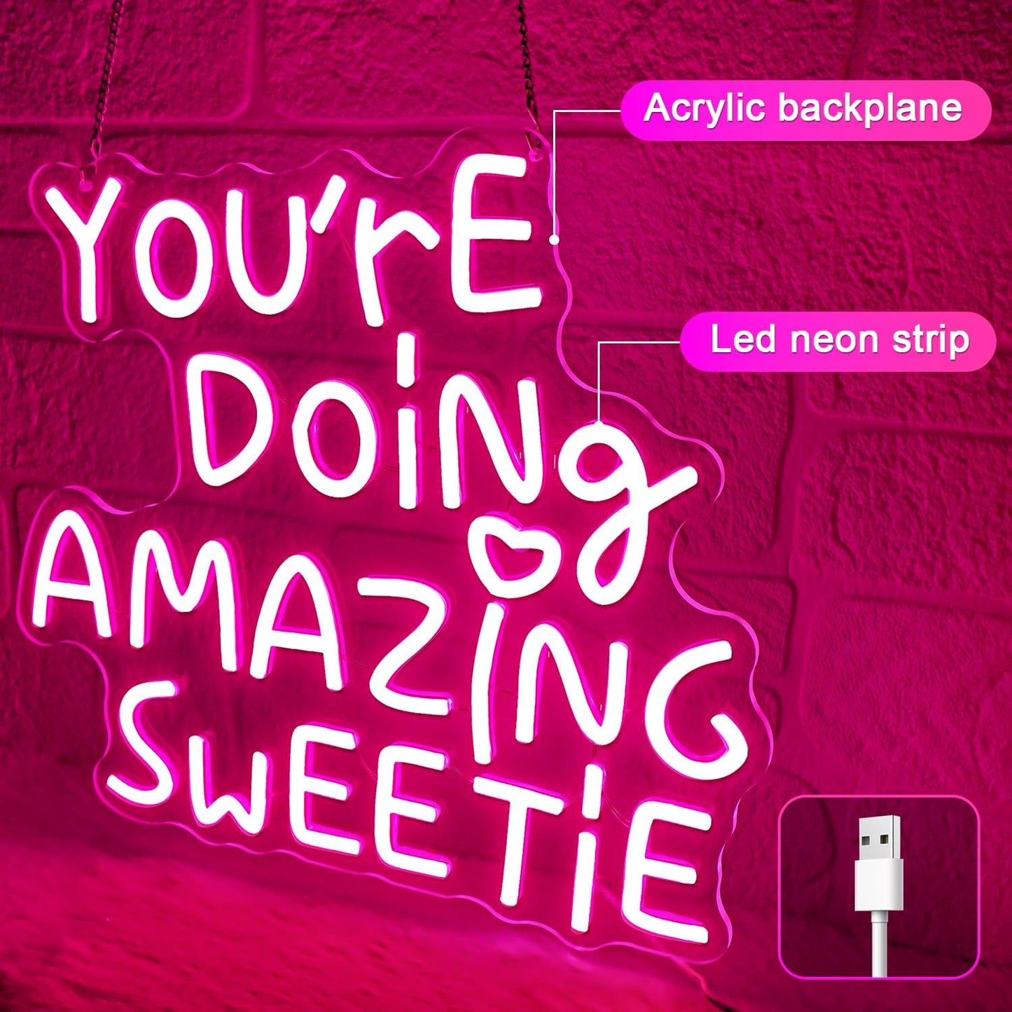 You're Doing Amazing Sweetie Neon Sign,Pink Led Neon Signs for Wall Decor,Dimmable Inspirational Letter Neon Lights USB Amazing Light Up Signs for Bedroom Classroom Party,Gift for Boys Girls
