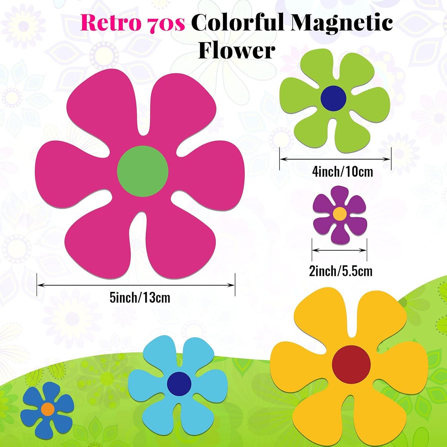 Car Flower Magnet Funny Magnetic Decals Decorations Cute Fridge Magnets 60s Flower Cutout Magnet for Car Home Door Whiteboard Refrigerator (24 Pieces,3.9 x 3.9 Inch, 2.2 x 2.2 Inch, 5.1 x 5.1 Inch)