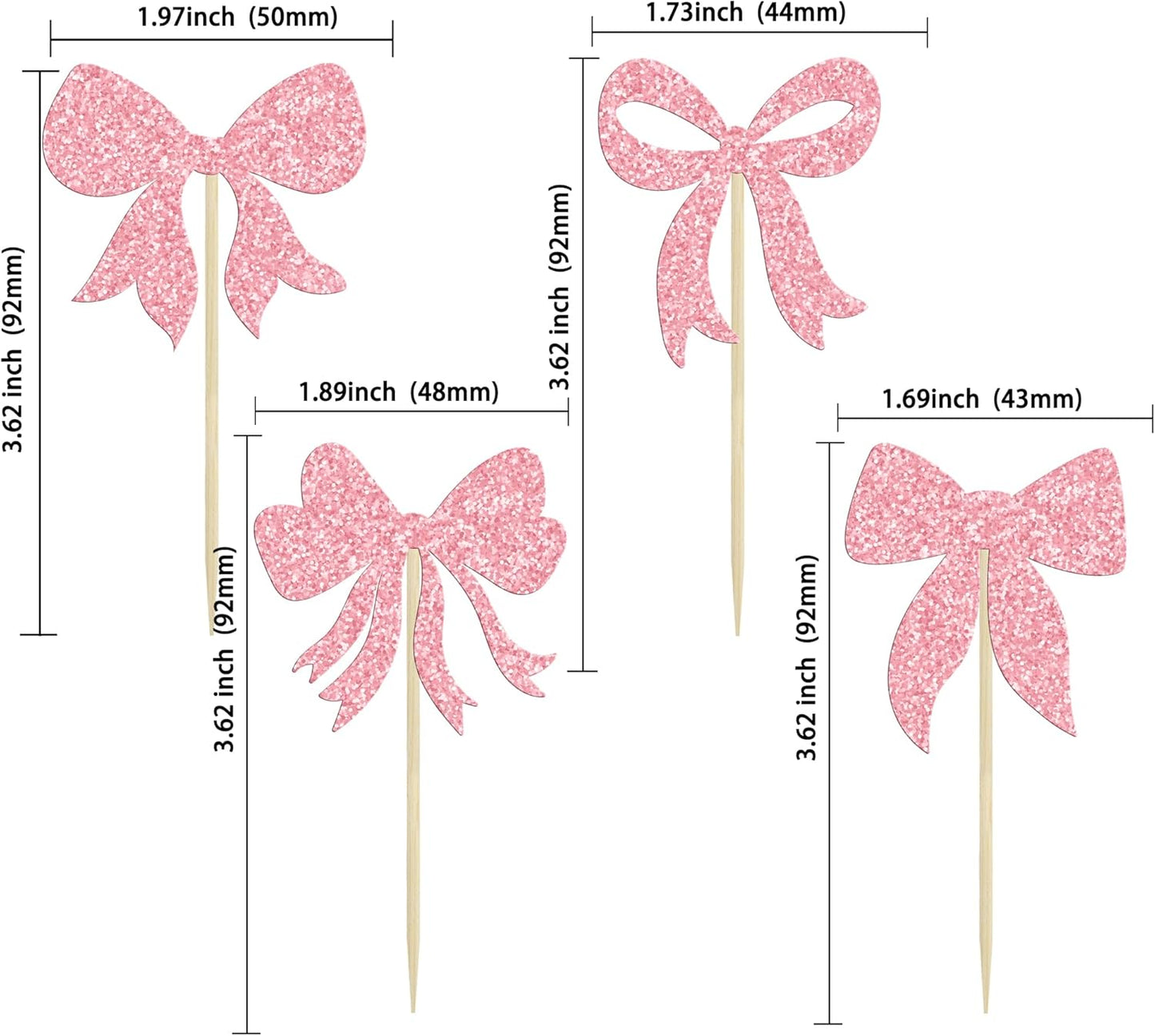 Gyufise 36Pcs Bow Cupcake Toppers Glitter Girls Birthday Decorations Bowknot Cupcake Picks Bow Tie Birthday Decorations Bow Cake Toppers for Bridal Baby Shower Bachelorette Party Supplies Pink