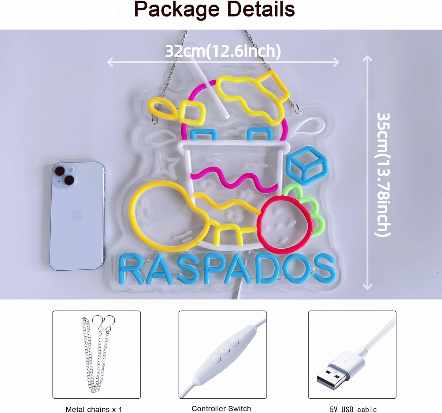 CNBEYOUNG Raspados Neon Sign, Neon Lights Hanging Wall Art Decoration for Mexican Restaurants Shop Bar Food Truck Kitchen Party Home Decor, USB - Driven, Super Bright & Adjustable,13.78x 12.6inches