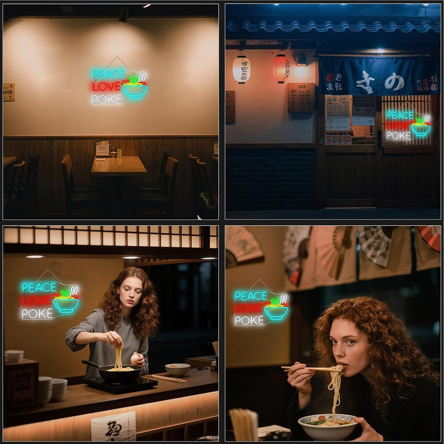 Looklight Peace Love Poke Ramen Neon Sign,Noodles Led Lights Neon Lights for Wall Decor USB Light Up Signs for Restaurant Kitchen Dinning Room Japanese Noodle Shop