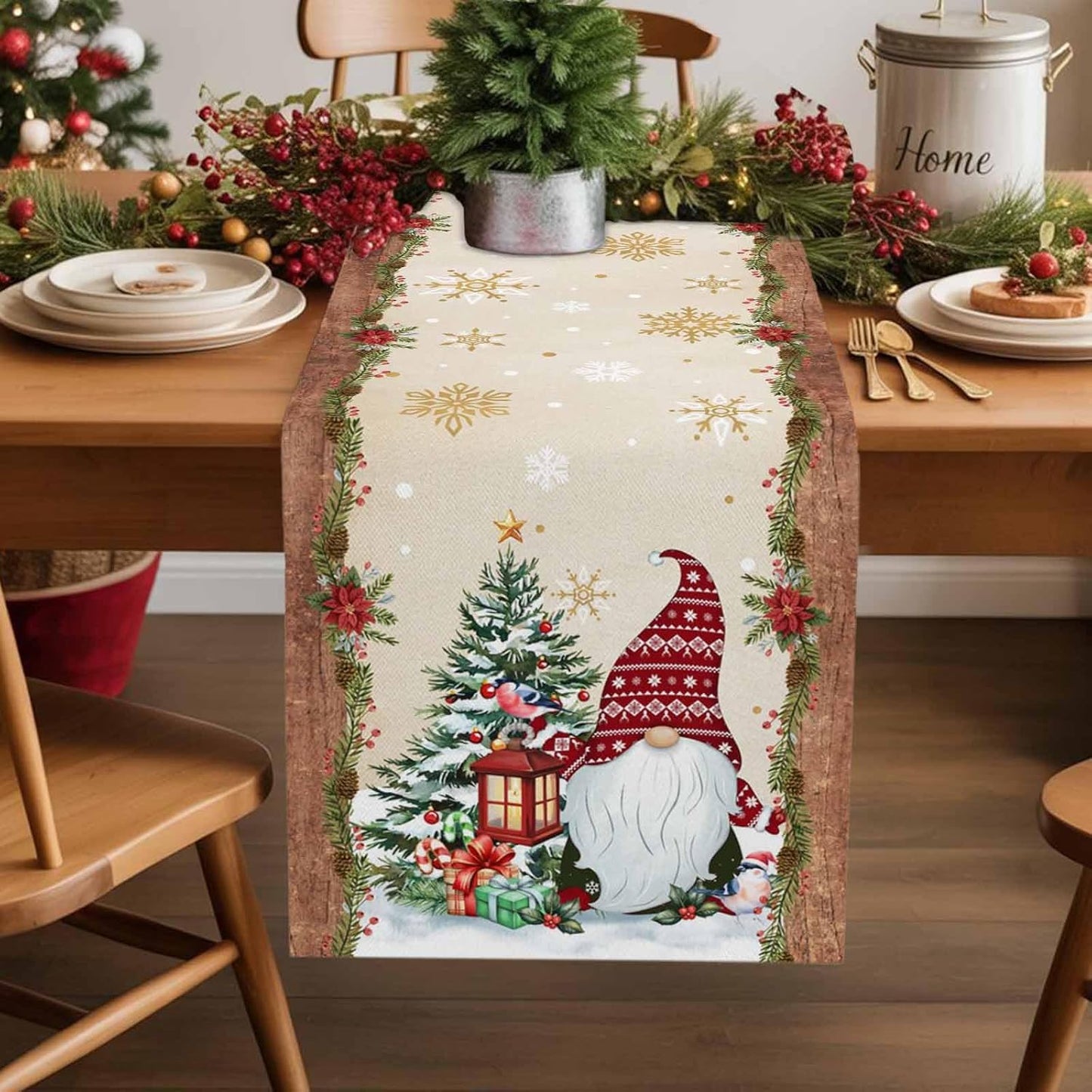 Christmas Gnomes Cotton Linen Table Runner for Dining Kitchen, Xmas Pine Tree Snowflake Rustic Wedding Outdoor Party Tablerunners Decoration, Retro Wood Dresser Scarf Tablecloth Runners 13x120 Inches