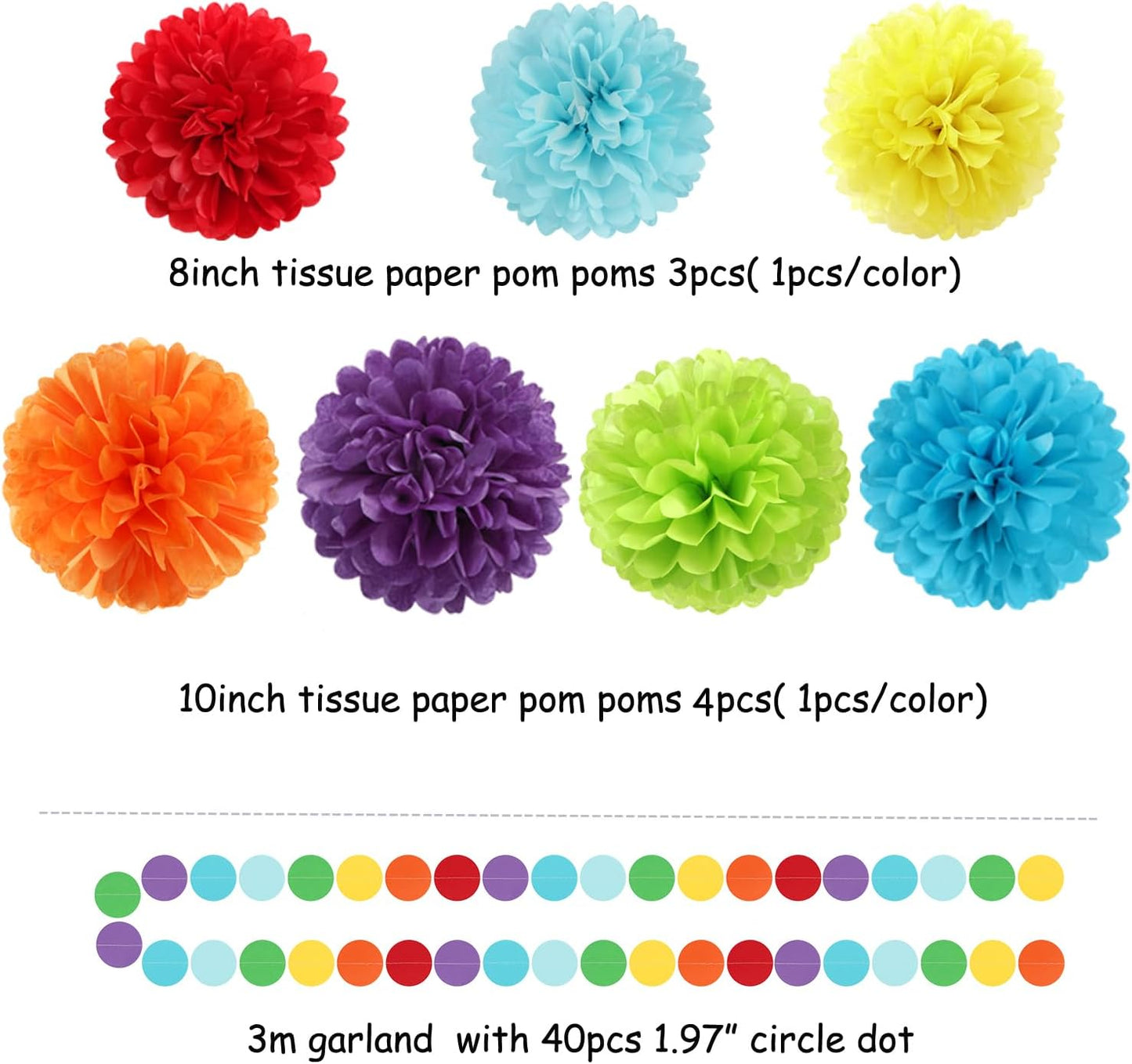 Rainbow Red-Orange Green-Blue Purple Party-Decorations - 30pcs Tissue Pom Poms Streamers, Colorful Theme Tassel Garland Banner, Boy Girl Kids Birthday Supplies,Baby Shower Wedding Decor Ouruola