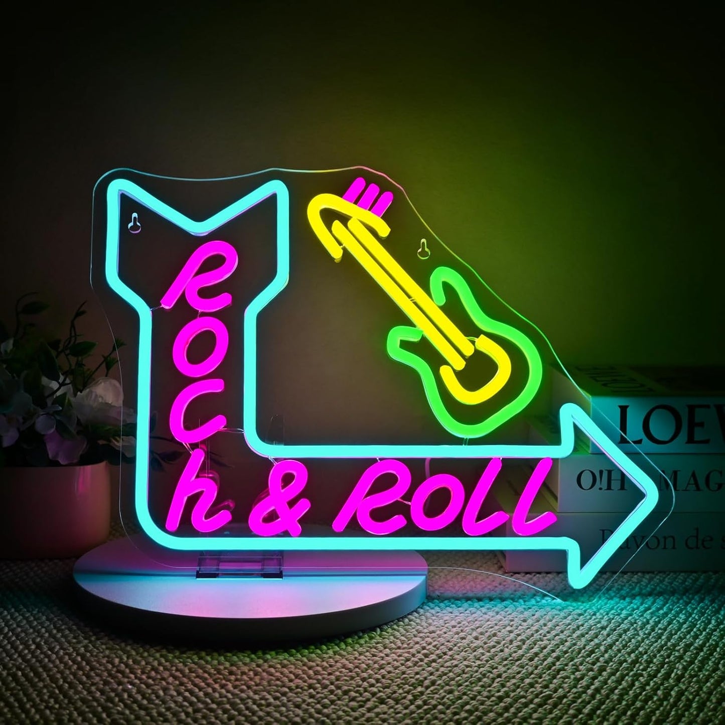 Rock Roll Guitar with Arrow Neon Sign, USB Powered Dimmable, Retro Music-Themed LED Wall Decor with Electric Guitar Design, 5V/2A, for Bar, Party, Gift, Bedroom, LIVE House, Man Cave, Rock Roll Fans