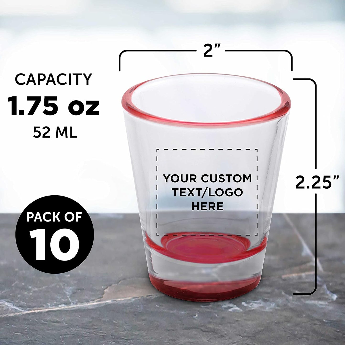 Custom Shot Glasses 1.75 oz. Set of 10, Personalized Bulk Pack - Great for Wedding Favors, Bachelorette Party Decorations, Party Fovors, Color Bottom - Red