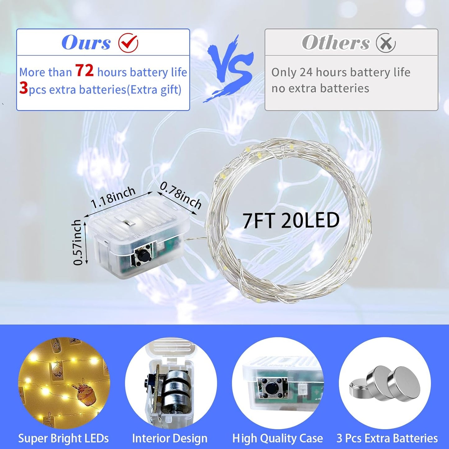 50 Pack Blue Fairy Lights 7Ft 20 LED Twinkle String Lights 3 Modes Battery Operated Waterproof Firefly Starry for Mason Jar Party Wedding Christmas Valentines Day Table Centerpieces