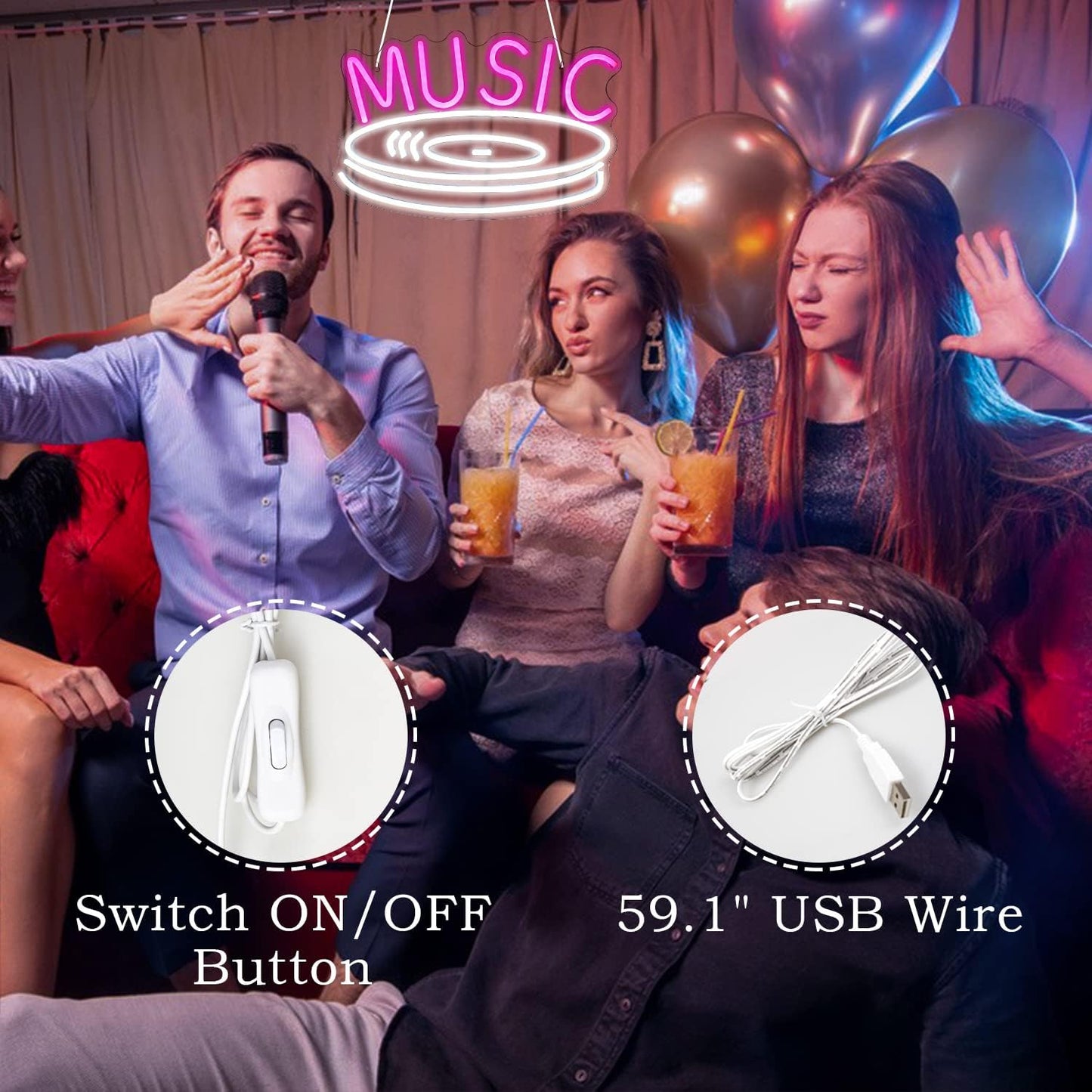 Music Record Neon Sign Pink White Led Neon Light Signs for Wall Decor Usb Light Up Signs for Bedroom Studio Music Live Record Store Kids Room Party Decoration