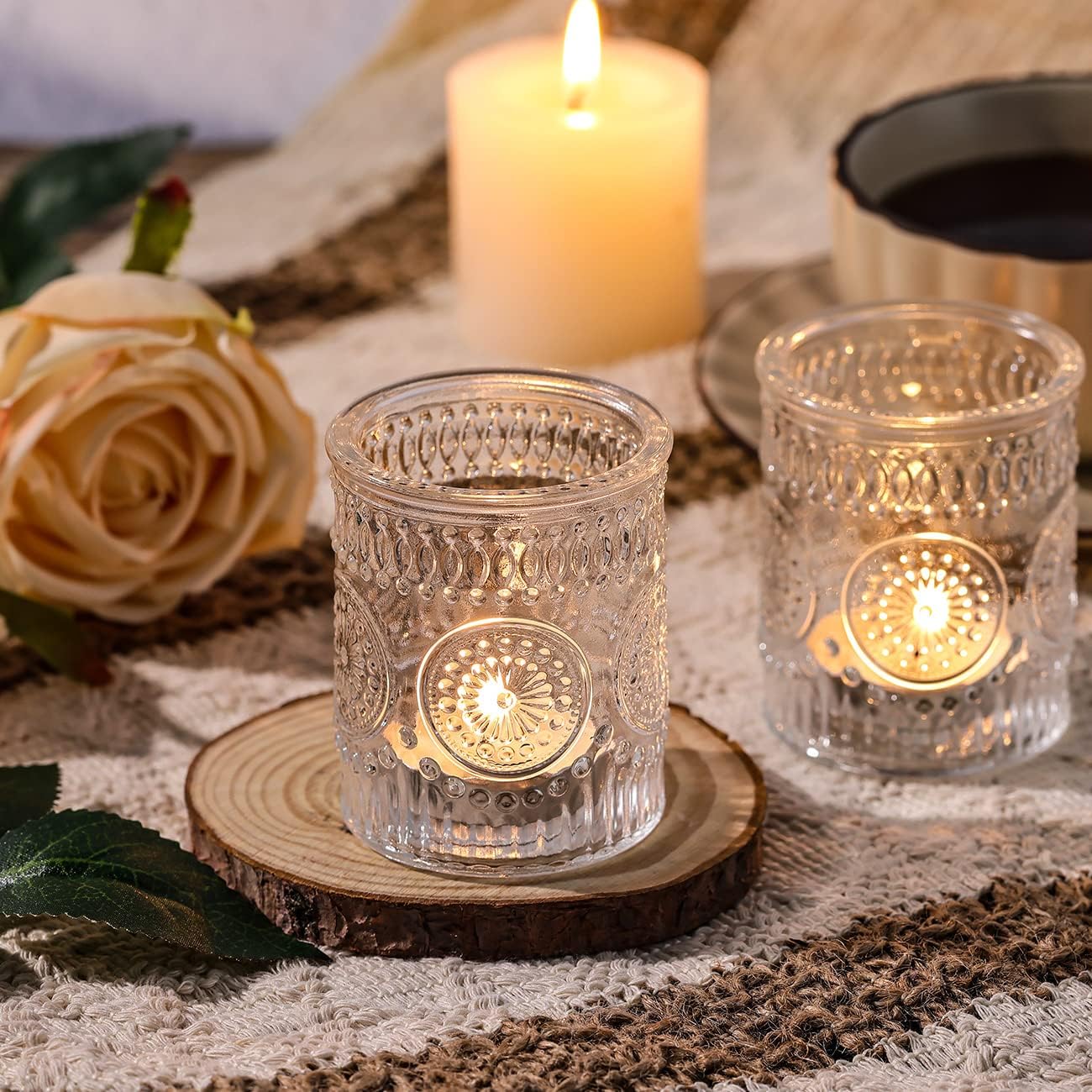 DARJEN Clear Votive Candle Holders Set of 36- Glass Candle Holders Bulk for Tea Light Candle, Embossed Candle Votives for Wedding Centerpiece, Living Room & Home Table Decor