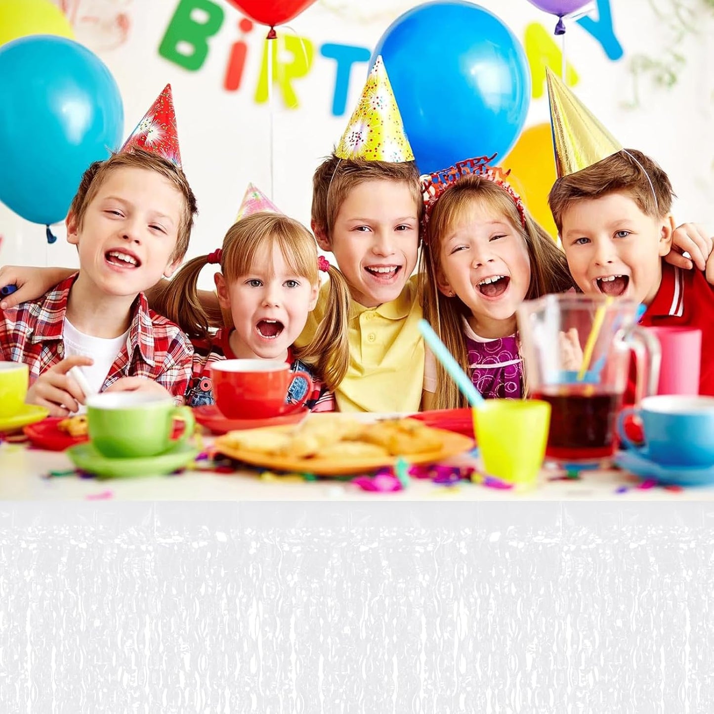 4P Wavy Metallic Tinsel Foil Fringe Table Skirts for Rectangle Tables Backdrop Garland Curtains for Parade Floats Wedding Birthday Parties Decoration Graduation 2025 Christmas (Makaron White)