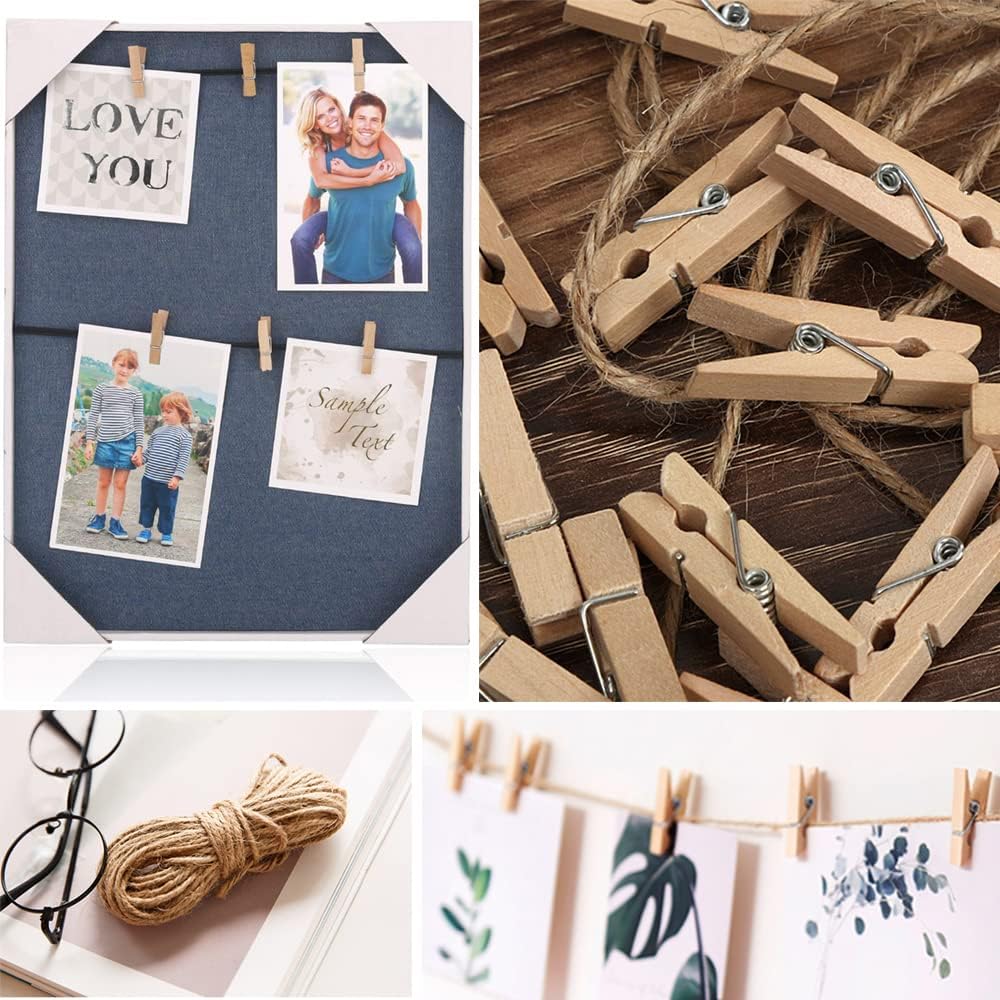 Mini Clothes Pins, 260 PCS Small Wooden Clothes Pin with Jute Twine, Clothespins, Clothes Pins for Photos Crafts DIY Project