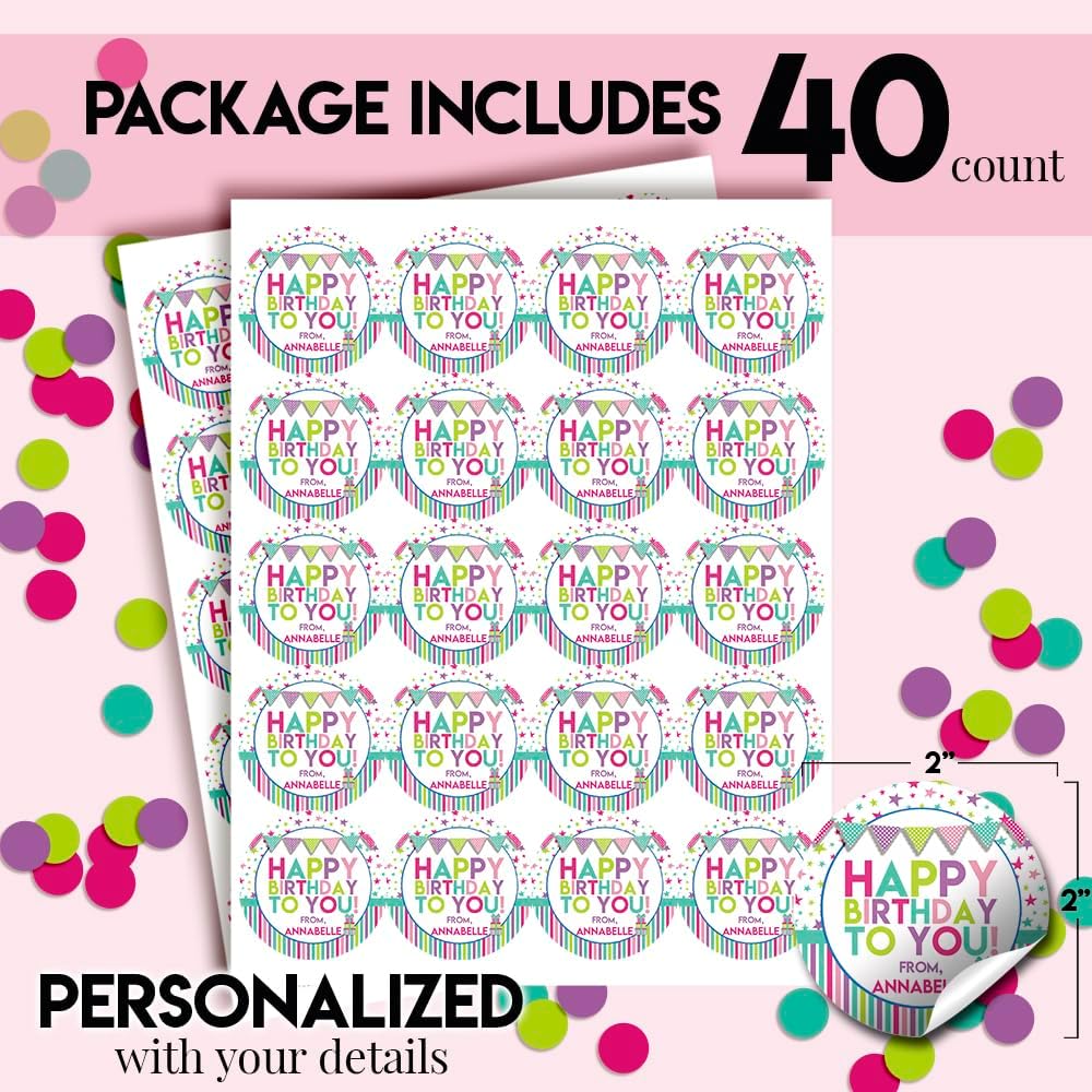 Custom & Personalized Happy Birthday to You Gift Tag Sticker Labels in Pastel Colors for Girls, 40 2" Party Circle Stickers by AmandaCreation, Also Great for Envelope Seals & Gift Bags