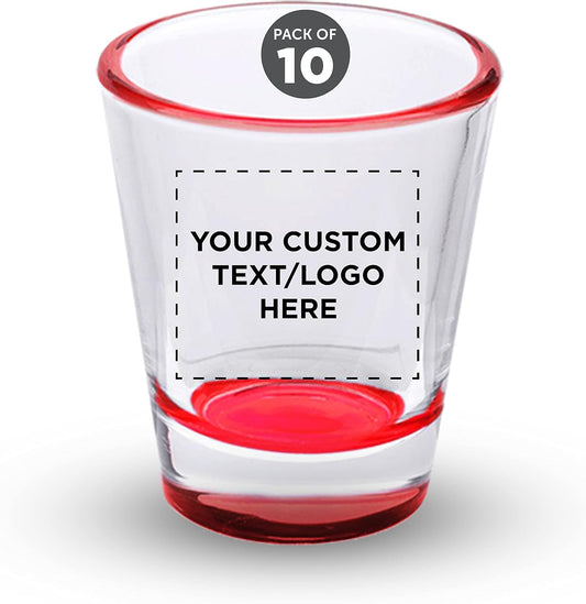 Custom Shot Glasses 1.75 oz. Set of 10, Personalized Bulk Pack - Great for Wedding Favors, Bachelorette Party Decorations, Party Fovors, Color Bottom - Red