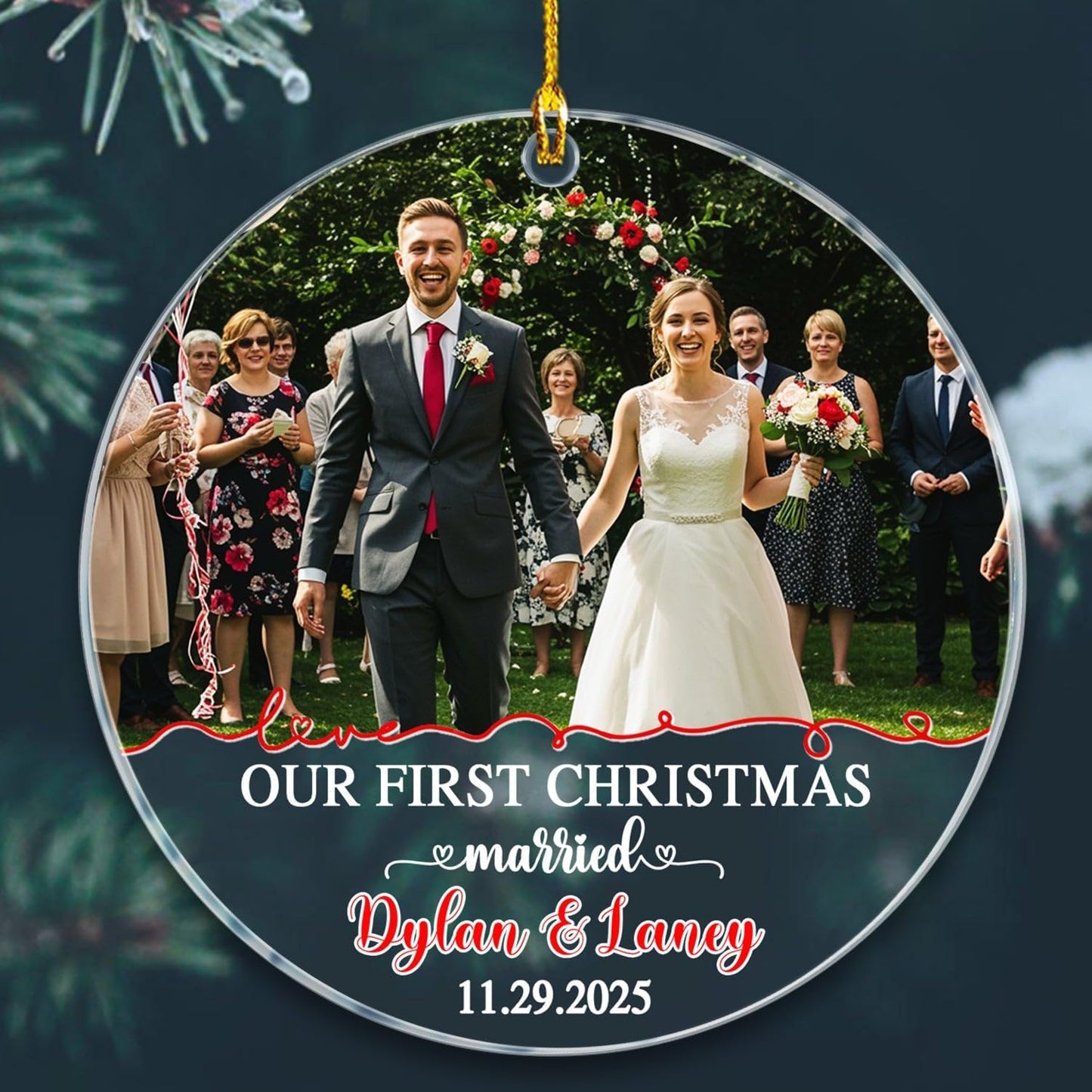 Customized Our First Christmas Married Ornament, Personalized Date/Names & Photo Just Married Ornaments Gift for Marriage Anniversary, Add Picture Couple Together Christmas Ornament for Newlyweds