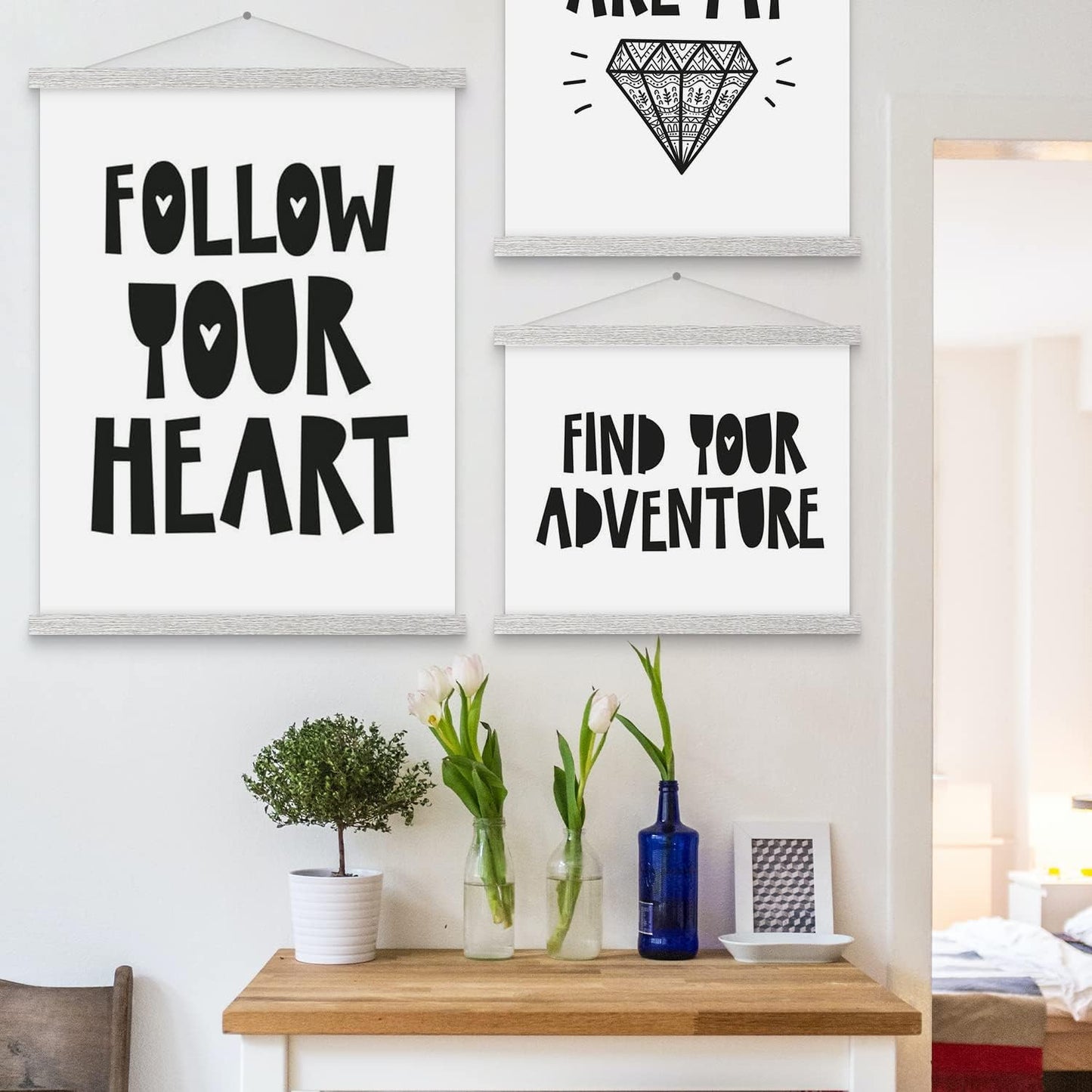 Magnetic Poster Hanger, 21x21 21x15 21x27 Poster Frame Wood Wooden Magnet Print Posters Dowel Scroll Hanger Hangers Hanging Kit for Walls Map Canvas Artwork (Grey, 21")