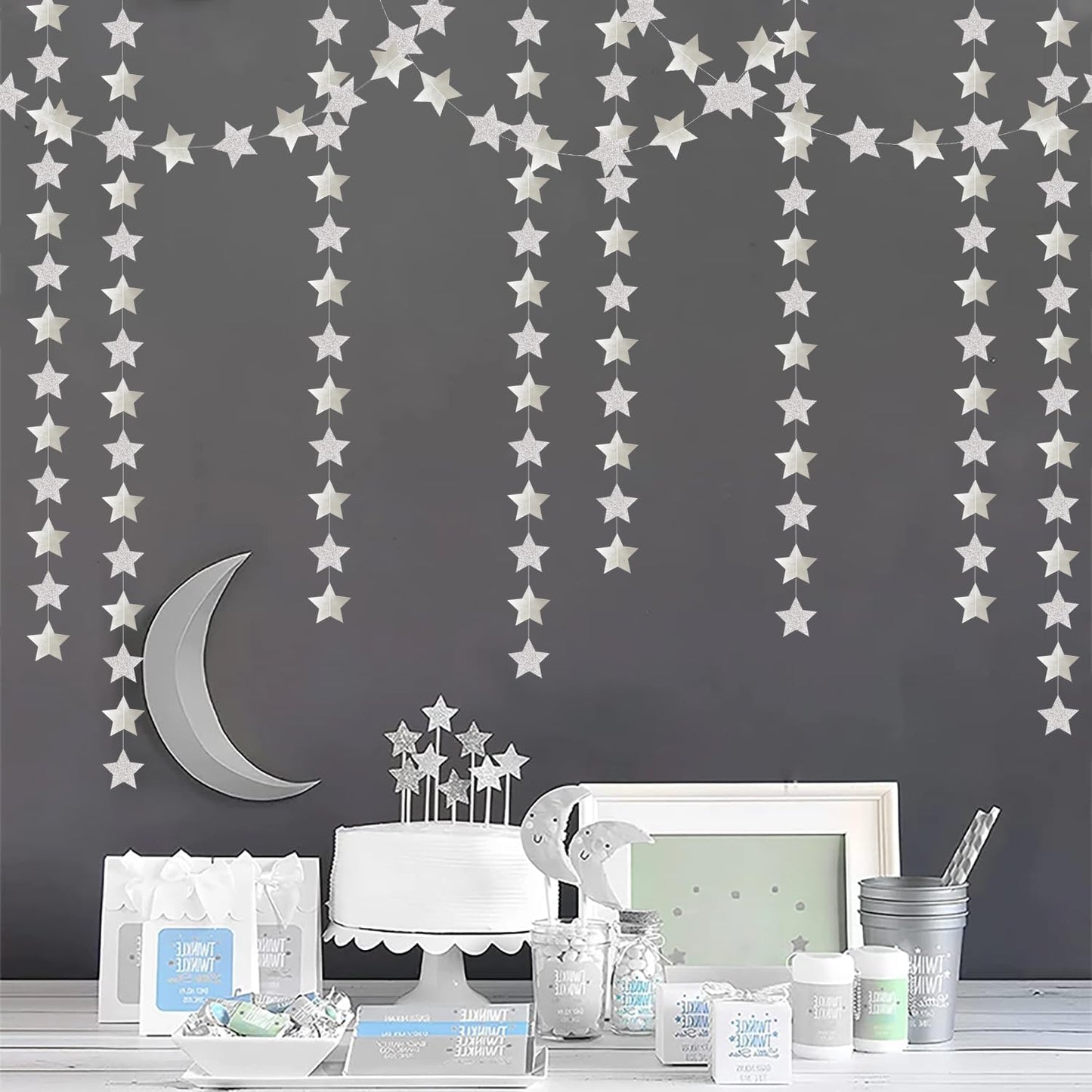 Glitter-Silver Party-Decorations Star Christmas Garland - 62ft Birthday Twinkle Little Star Hanging Streamers Banner,Bachelorette Engagement Wedding New Years Supplies Decor Hugtmr