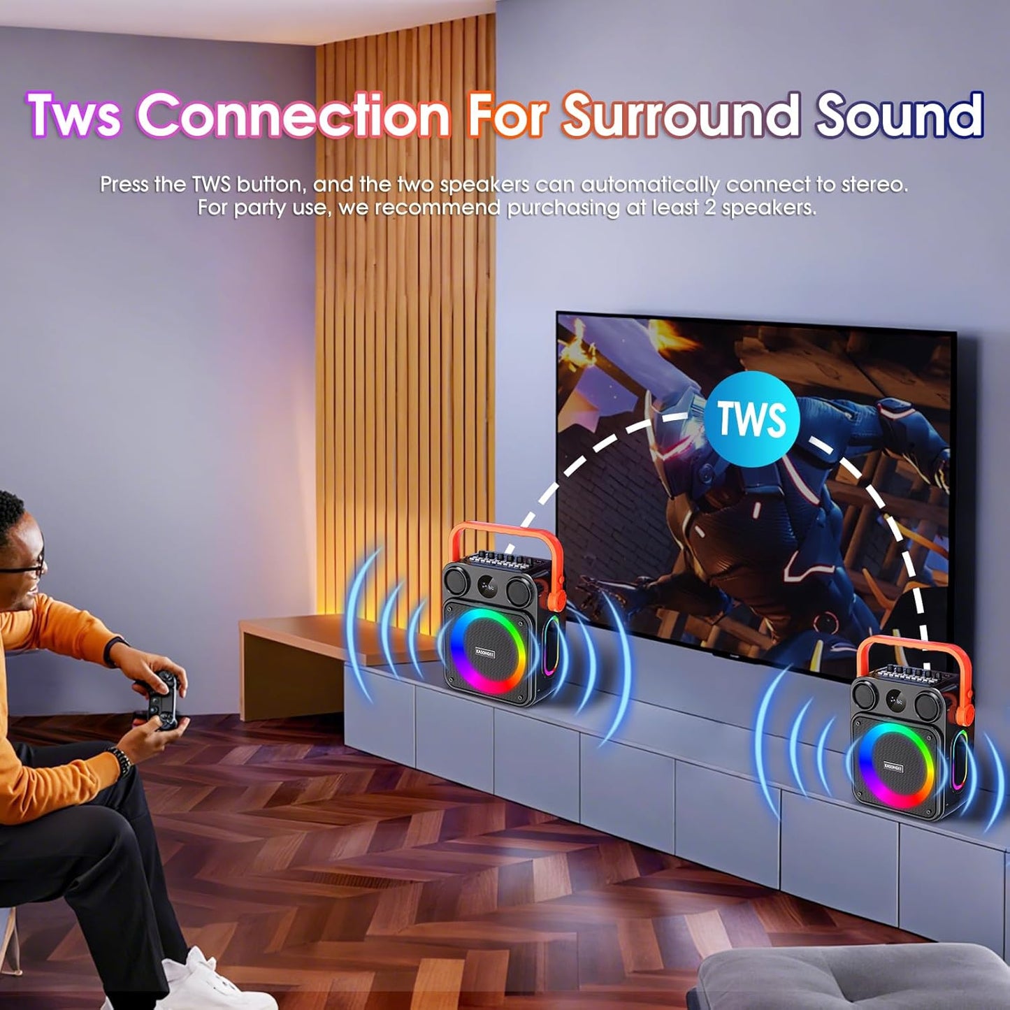 Karaoke Machine for Adults,Portable Karaoke Speaker with Two Wireless Microphones, 3.7v Speaker Supports TWS,Bluetooth,TF Card/USB, AUX in, REC, Bass & Treble for Home Party/Meeting