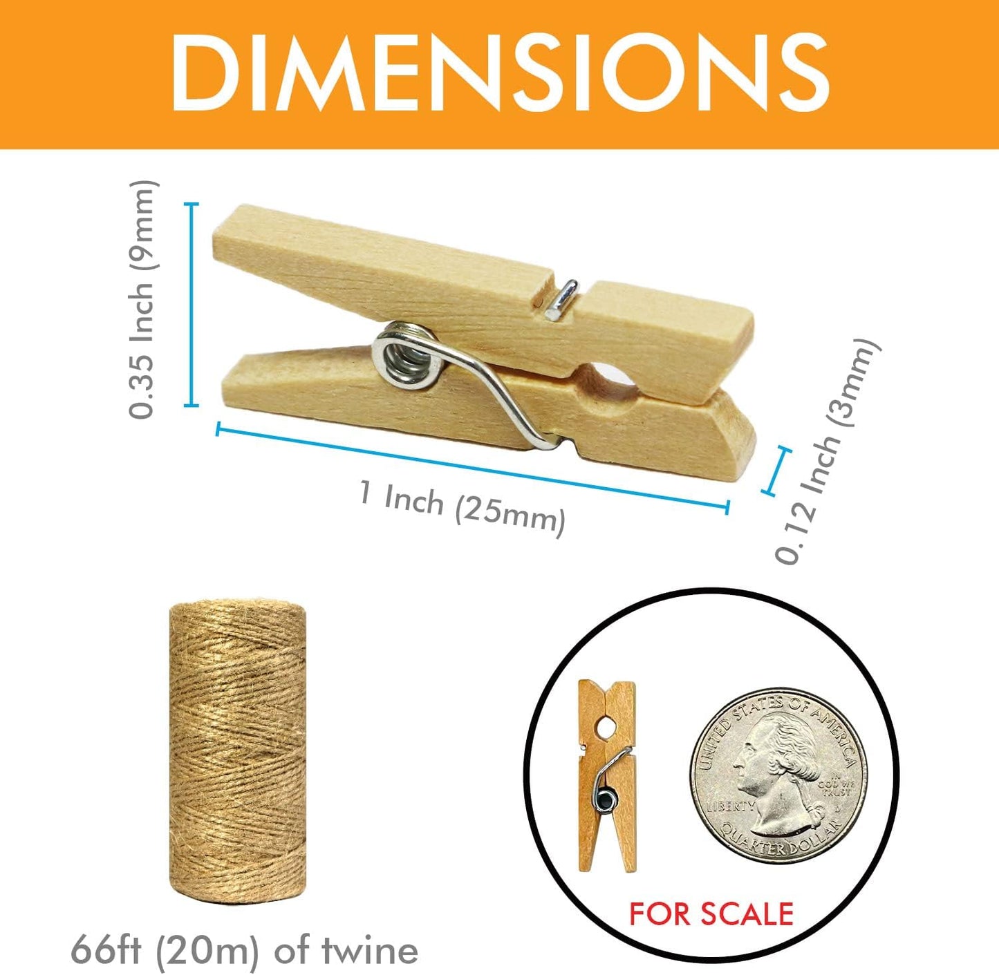 Mini Natural Wooden Clothespins with Jute Twine, 250pcs, 1 Inch Photo Paper Peg Pin Craft Clips with 66ft Natural Twine for Scrapbooking, Arts & Crafts, Hanging Photos (Rustic Brown)