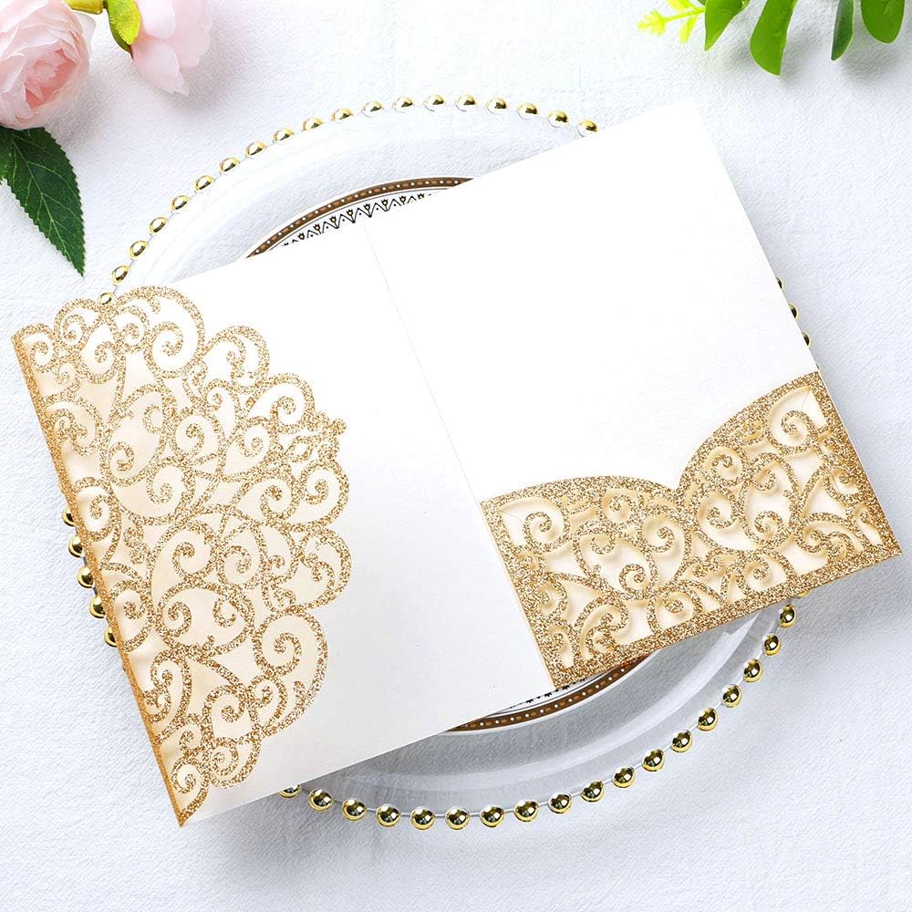 ponatia 5.12 x 7.2 Laser Cut Invitation Pocket, 20PCS Tri-Fold 5 x 7 Laser Cut Wedding Invitation Pockets with Envelopes for Wedding Bbay Shower Birthday Invite (Gold Glitter, No Inner Sheet)